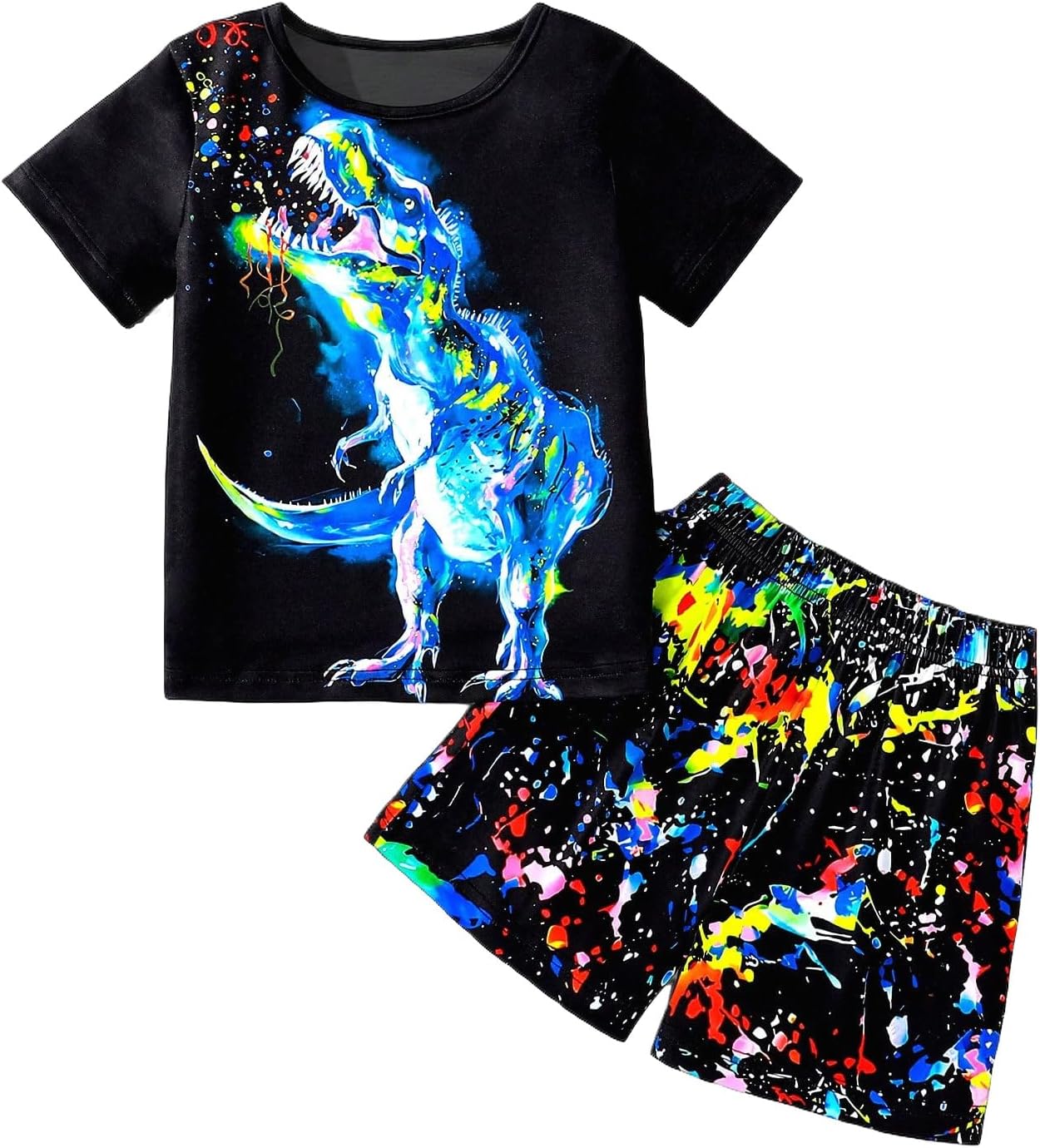 Boy's 2 Piece Outfits, Dinosaur Shirt and Tie-Dye Print Shorts Casual Clothing Sets for Kids