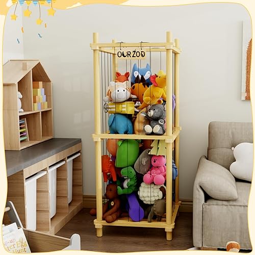 Miniatura 6 de Jaula de almacenamiento de animales de peluche de madera, cesta de almacenamiento grande de madera para animales de peluche, almacenamiento de