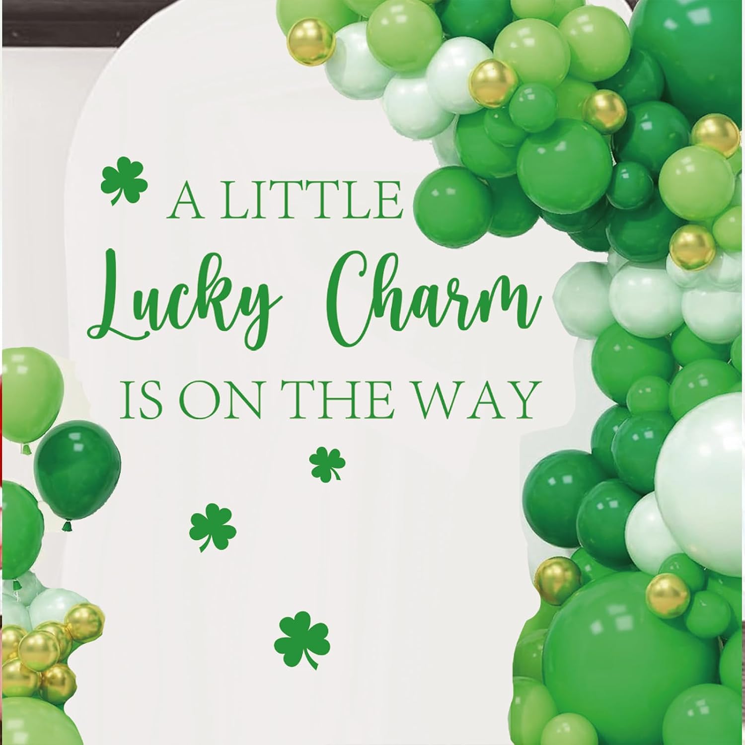 JarThenaAMCS St. Patrick' s Day Gender Reveal Party Decal Sign A Little Lucky Charm is on The Way Shamrock Clover Wall Sticker for Irish Holiday Baby Shower Balloon Arch Backdrop Photo Props image 4