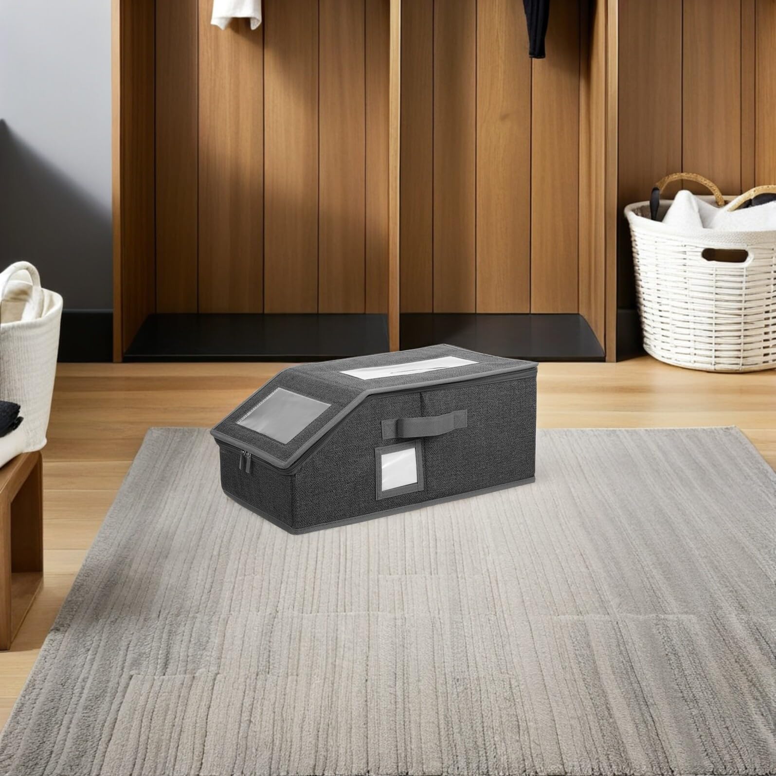 TOYANDONA Caja Organizadora de Gorras de Béisbol Plegable Transparente | 2 Piezas, Ventana Clara y Asa Lateral, Base Apilable con Cierre de Cremallera y Tarjeta Lateral
