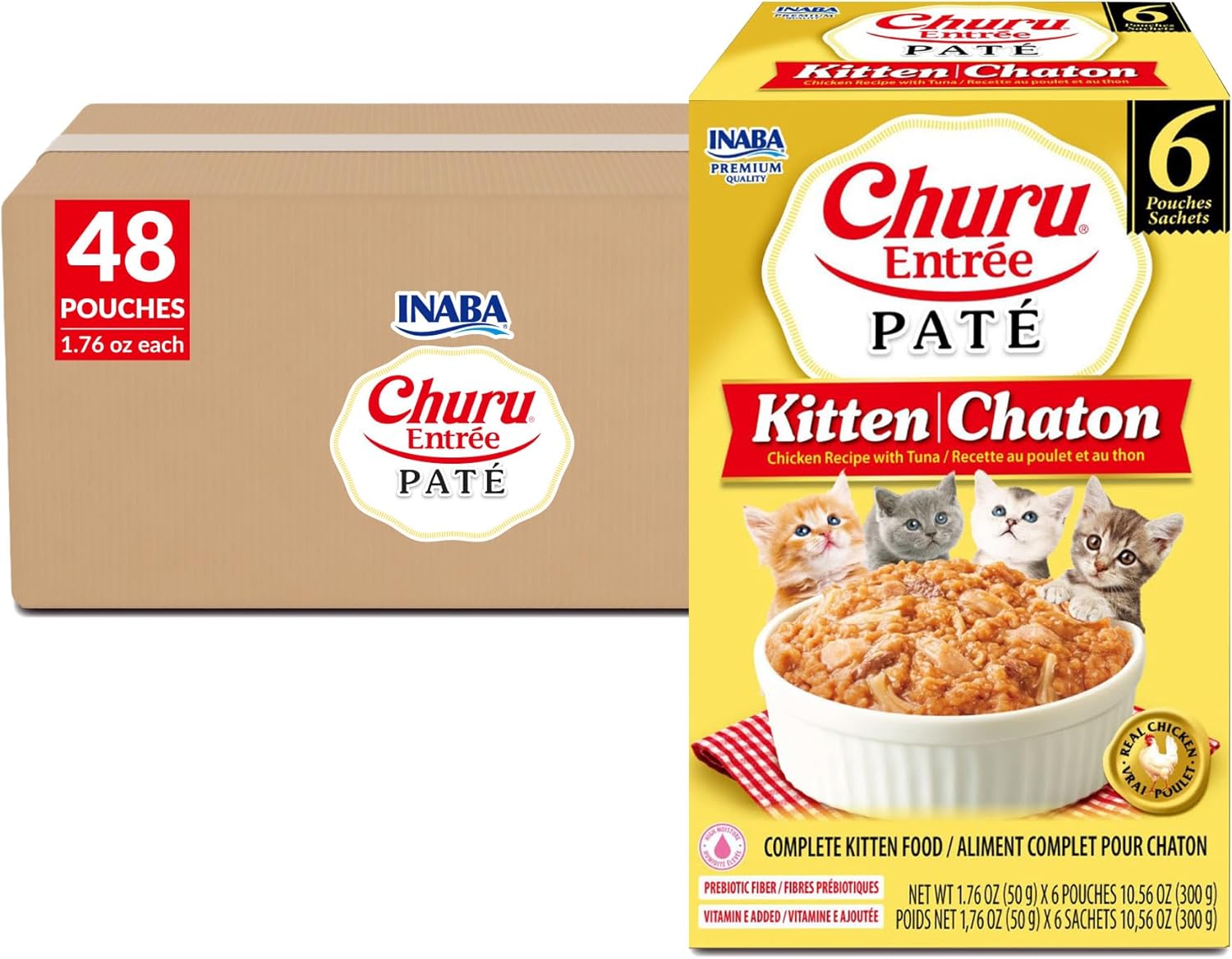 INABA Churu Entrée Pate for Senior Cats, High Protein & Moisture, Prebiotic Wet Cat Food, 1.76oz. per Serving, 48 Pouches, Chicken Recipe with Tuna