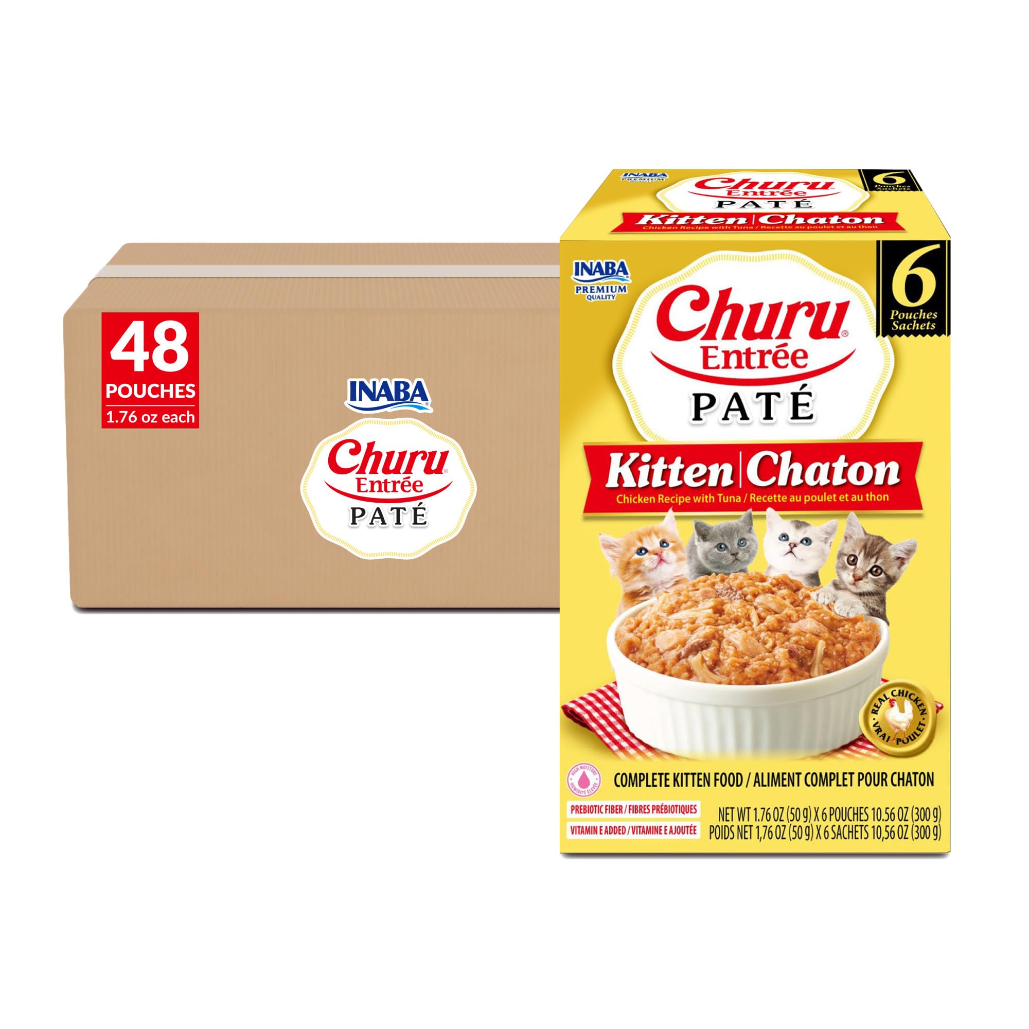 INABA Churu Entrée Pate for Kittens, High Protein &amp; Moisture, Prebiotic Wet Cat Food, 1.76oz. per Serving, 48 Pouches, Chicken Recipe with Tuna