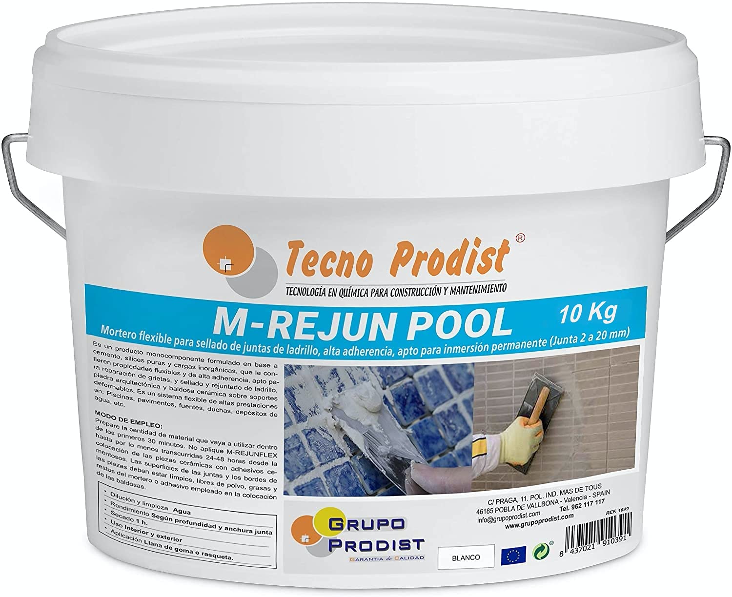 M-REJUN POOL di Tecno Prodist - (10 Kg) Mortaio flessibile per sigillare fughe di piastrelle e gresite in piscine, ceramica, ecc., adatto per immersione permanente (giunti da 2 a 20 mm) bianco