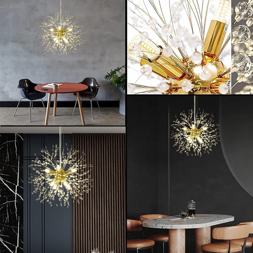 Modern Firework Gold 8 Lights Crystal Chandeliers, Sputnik Dandelion Chandelier Light Fixture Pendant Lighting for Bedroom, Foyer, Hallway, Entryway, Kitchen, Dining Room
