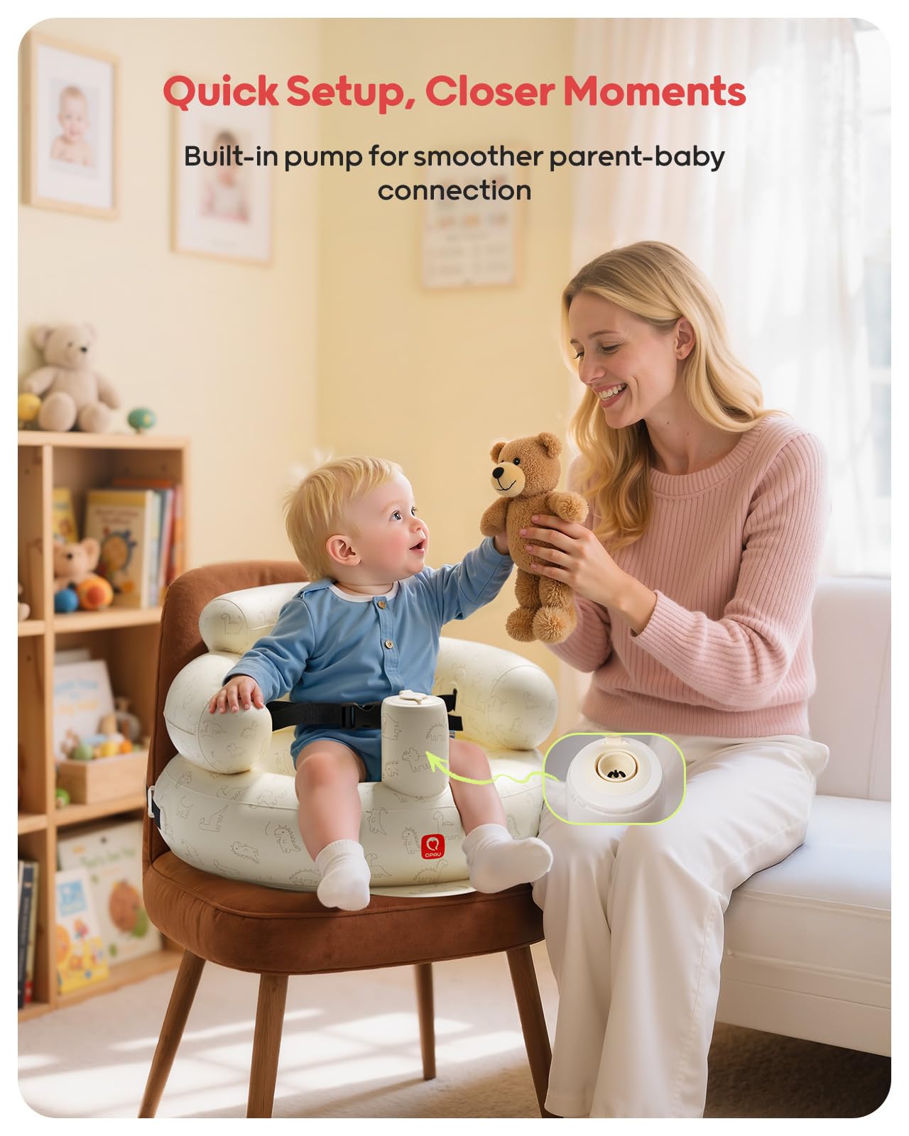 QPAU Inflatable Baby Seat with Built-in Pump, Baby Chair for Sitting Up (3-9 Months), Portable Blow Up Baby Chair with Safety Harness (Dinosaur)