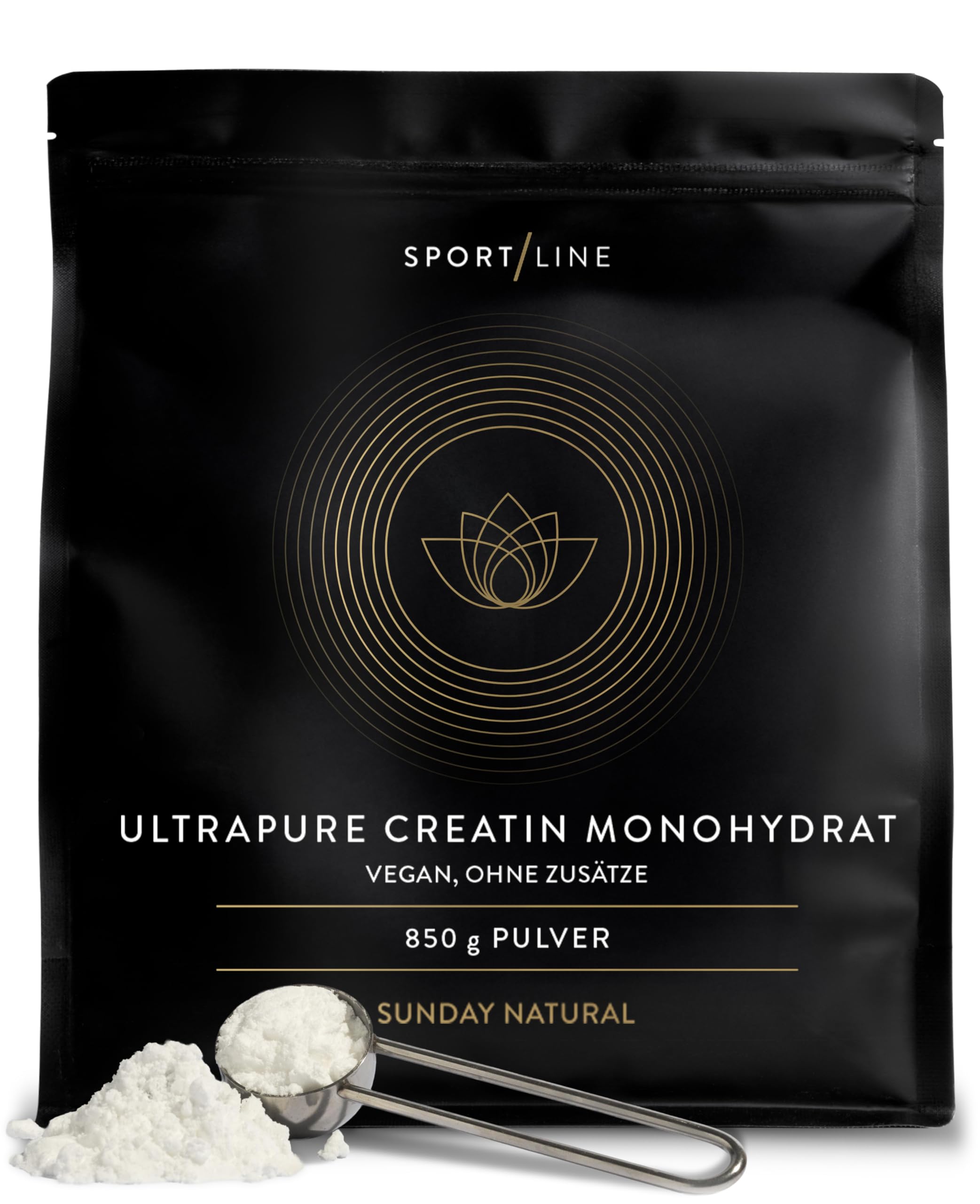 SUNDAY NATURAL® Creatin Monohydrat Pulver – 850g (250 Portionen) Ultrapure Kreatin Monohydrat - Mikrofeines Creatine Monohydrate für eine gute Aufnahme –nur Kreatin Pulver, ohne unnötige Zusätze,vegan