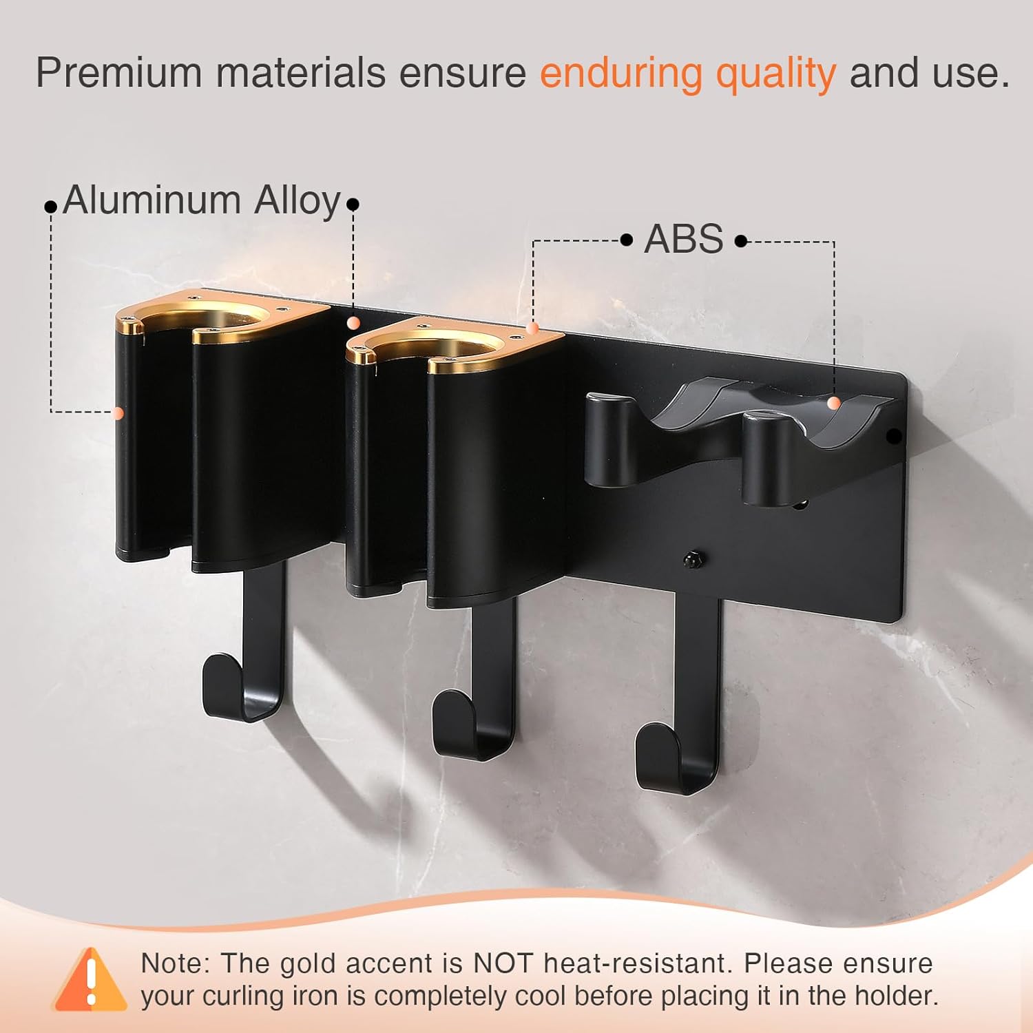 Hair Tool Organizer Wall Mount, Hair Dryer Curling iron Organizer, Flat Iron Straightener Holder, Aluminum Alloy & ABS plastic, Black and Gold (Not Including Hair Tools)