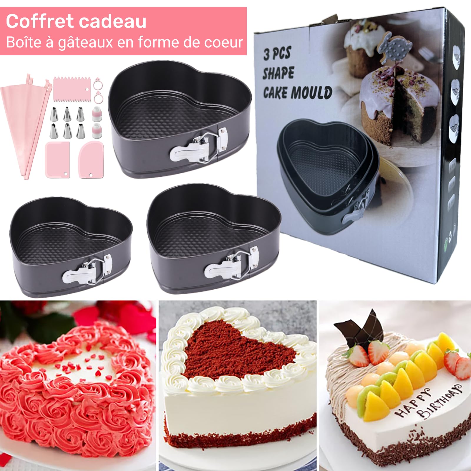 Moule Gâteau Coeur Charnière - Revêtement Antiadhésif Base Souple pour Anniversaires, Mariages - 3 Tailles (20/22/24cm)