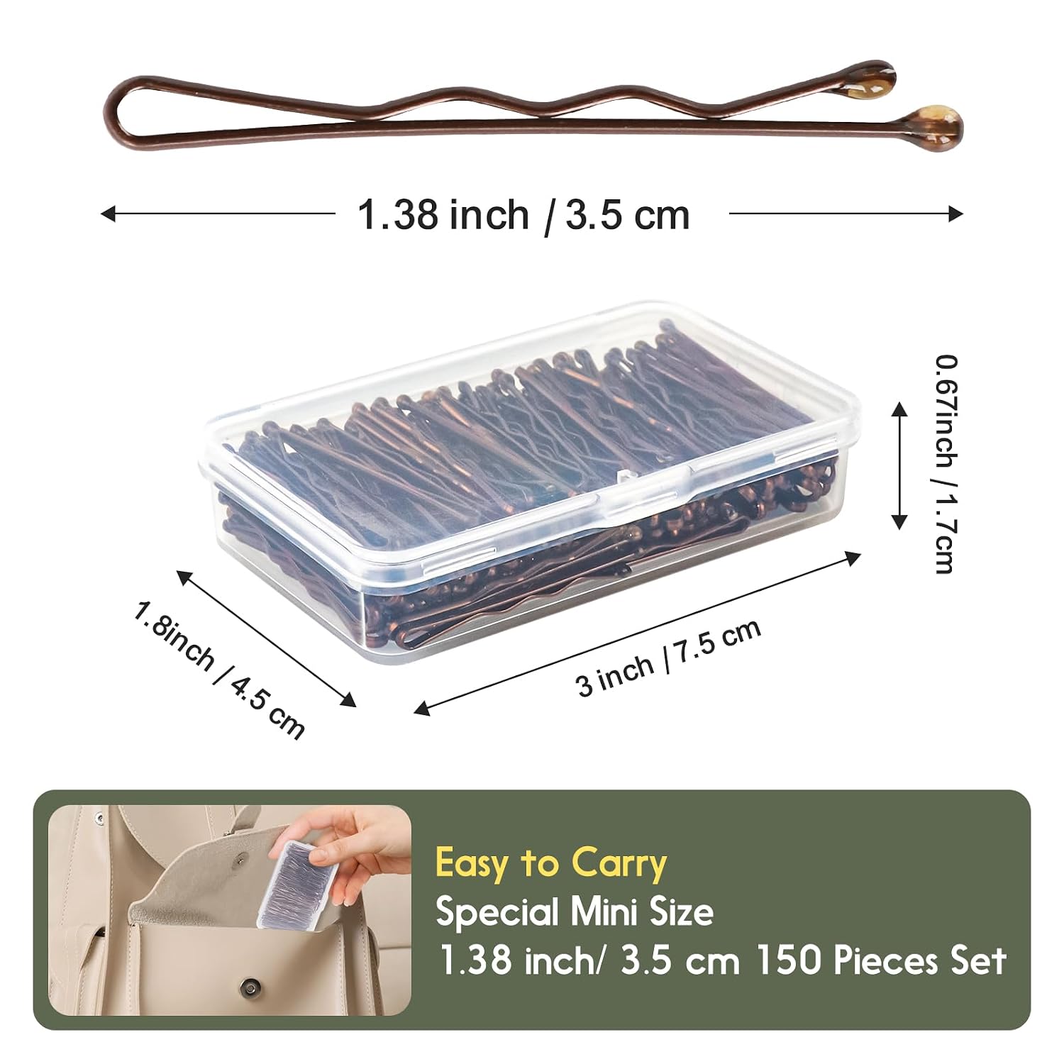 Mini Bobby Pins, 150 Count 1.38 Inch Small Hair Bobby Pins with Storage Box for Kids, Girls and Women - Brown