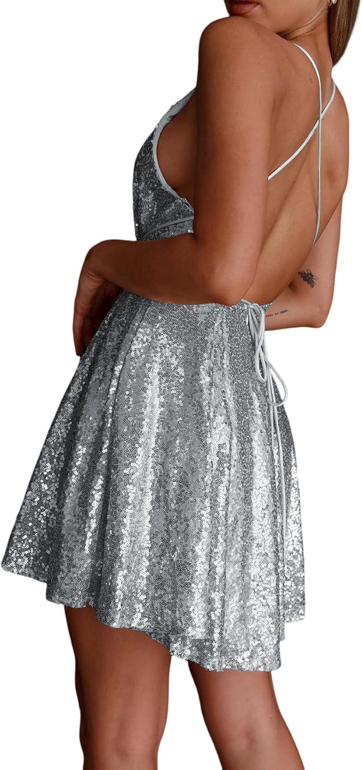 R.Vivimos Women's Sequin Dress Spaghetti Strap Sexy Deep V Neck Backless Glitter Club Party Skater Swing Mini Dress - Image 4