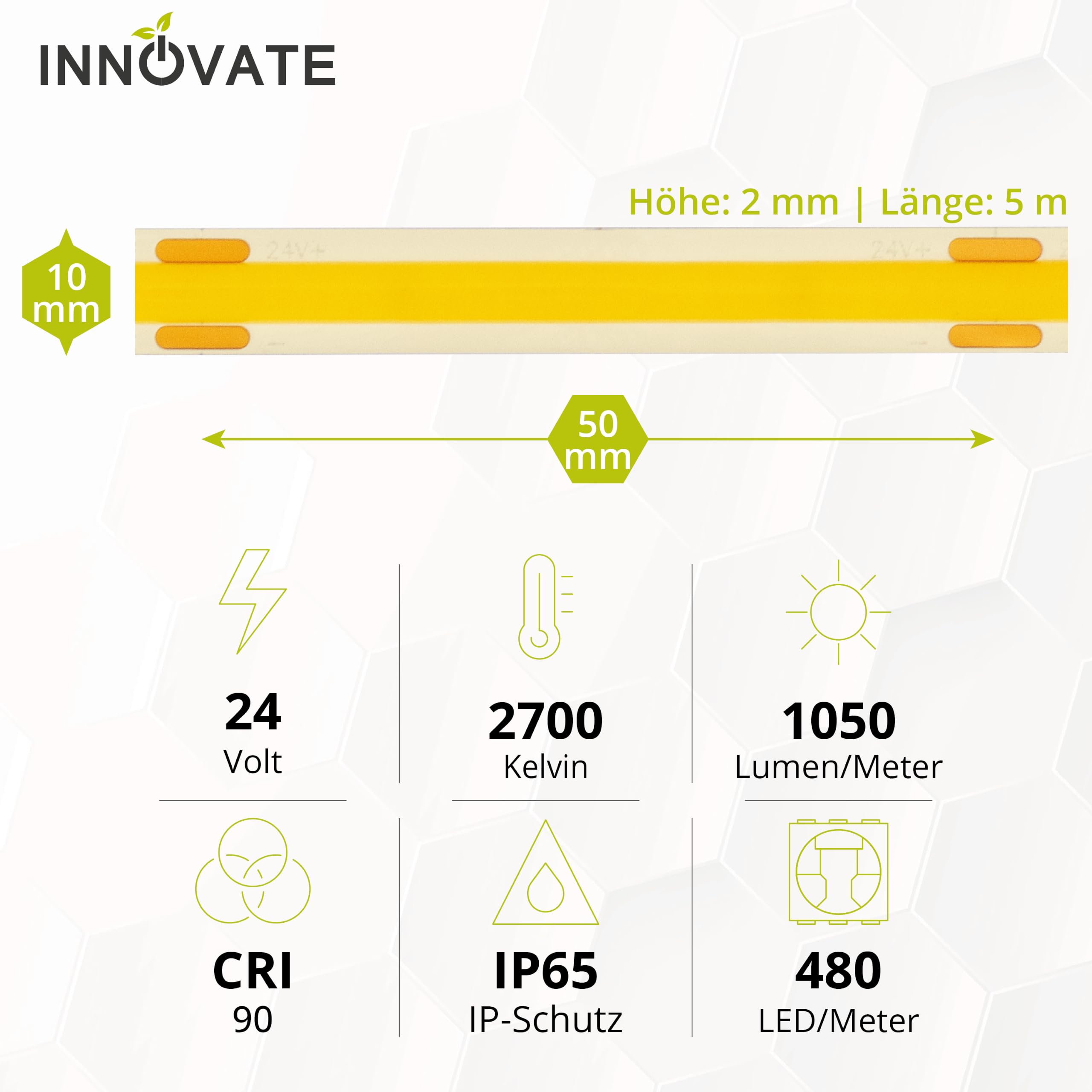 INNOVATE COB LED Streifen Aussenbereich 5m Dimmbar 2700K 24V Selbstklebend