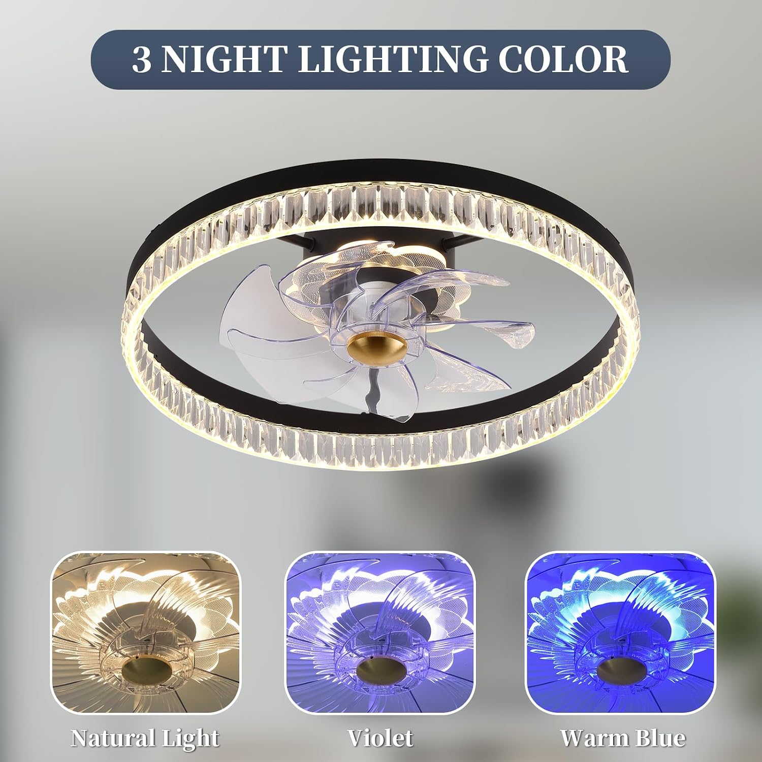 Image showing the Fszdorj ceiling fan light with three different night lighting colors: Natural Light, Violet, and Warm Blue.