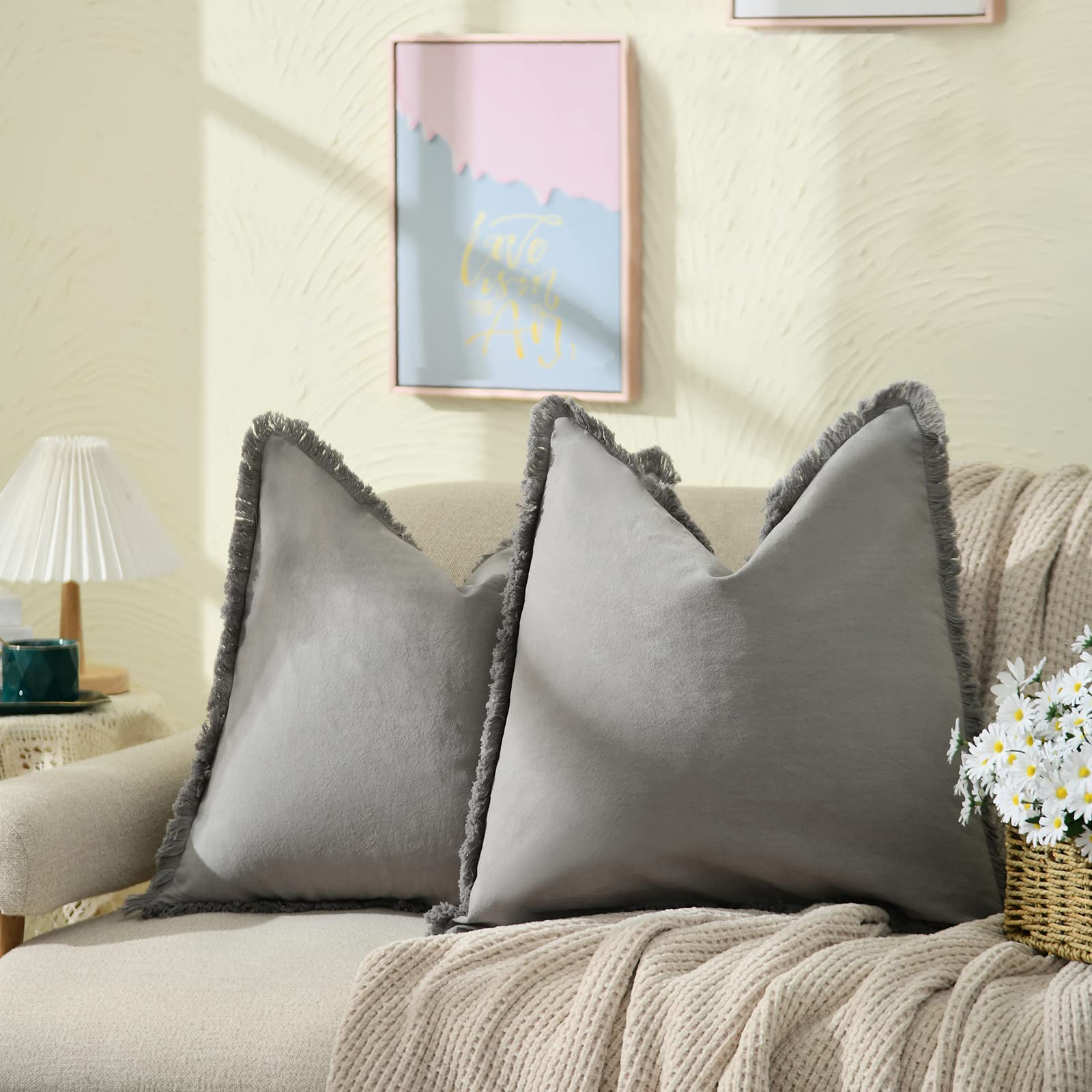 ZWJD Pillow Covers 24x24 Set of 2 Gray Throw Pillow Covers with Fringe Chic Cotton Decorative Pillows Square Cushion Covers for Sofa Couch Bed Living Room Farmhouse Boho Decor
