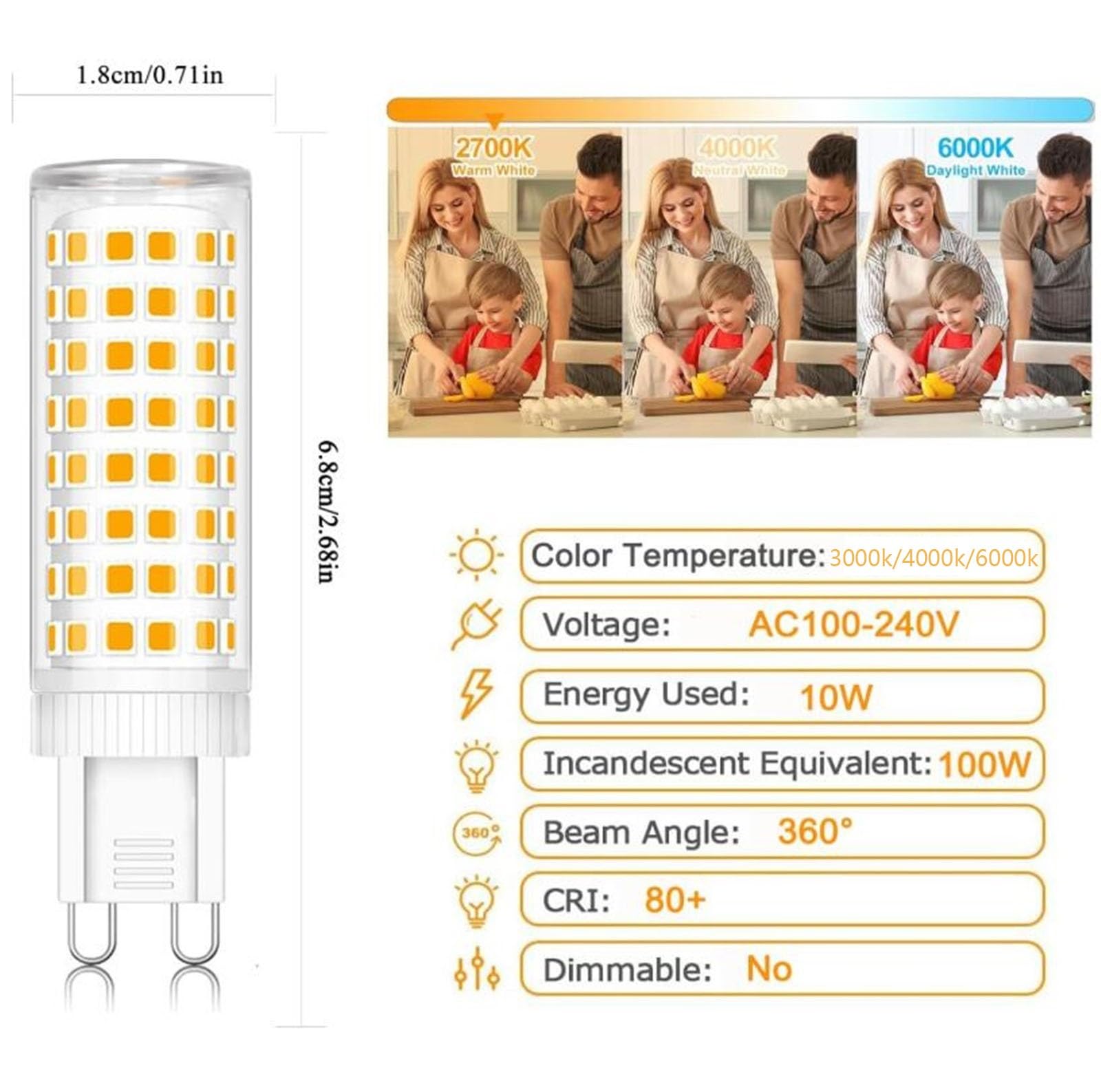 Lampadine LED G9 10W equivalenti 100W Senza sfarfallio (CRI) >80 Non dimmerabile Per lampadari lampadari cristallo faretti plafoniere specchi lampade tavolo(Natural White 4000K,10PACK)
