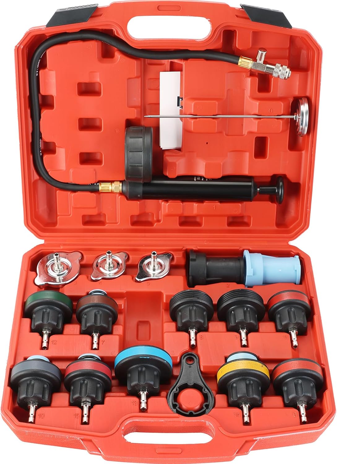 DASBET 18PCS Radiator Pressure Leakage Tester Tool Kit, Automotive Cooling System Water Tank Leak Test Detector Set with Hand Pump and Nylon Adapters