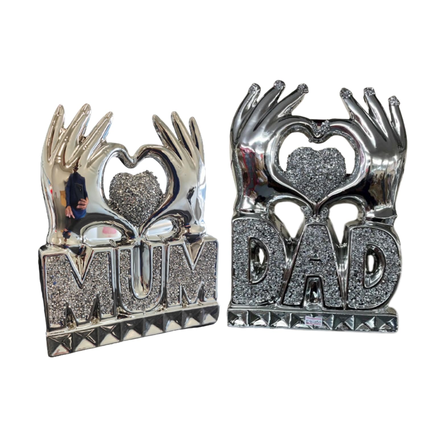 Biznest Mom & Dad Heart Hand Silver Crushed Diamond Crystal Ornament Home Decor Gift (MOM & DAD)