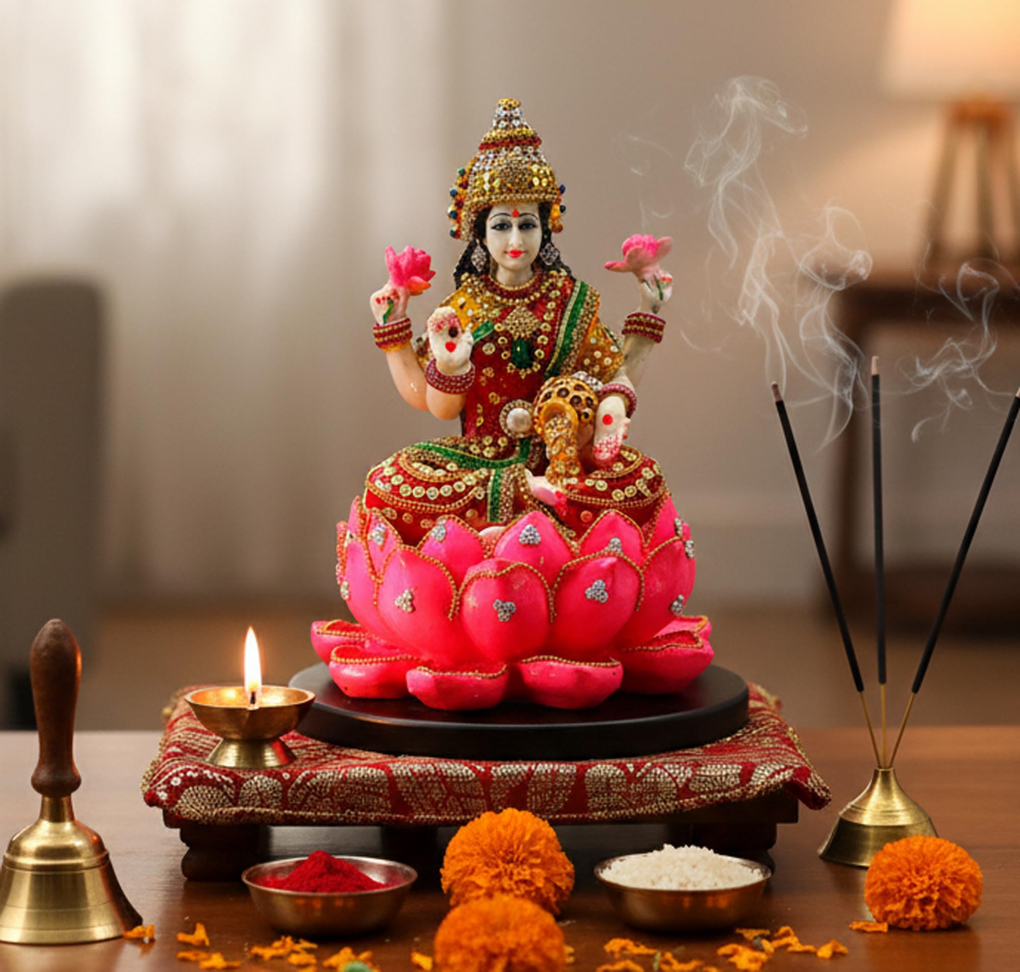 Esplanade Multicolor Lakshmi On Lotus | Laxmi Goddess Murti Idol Statue Sculpture Figurine - Resin - 11" Inches - Multi