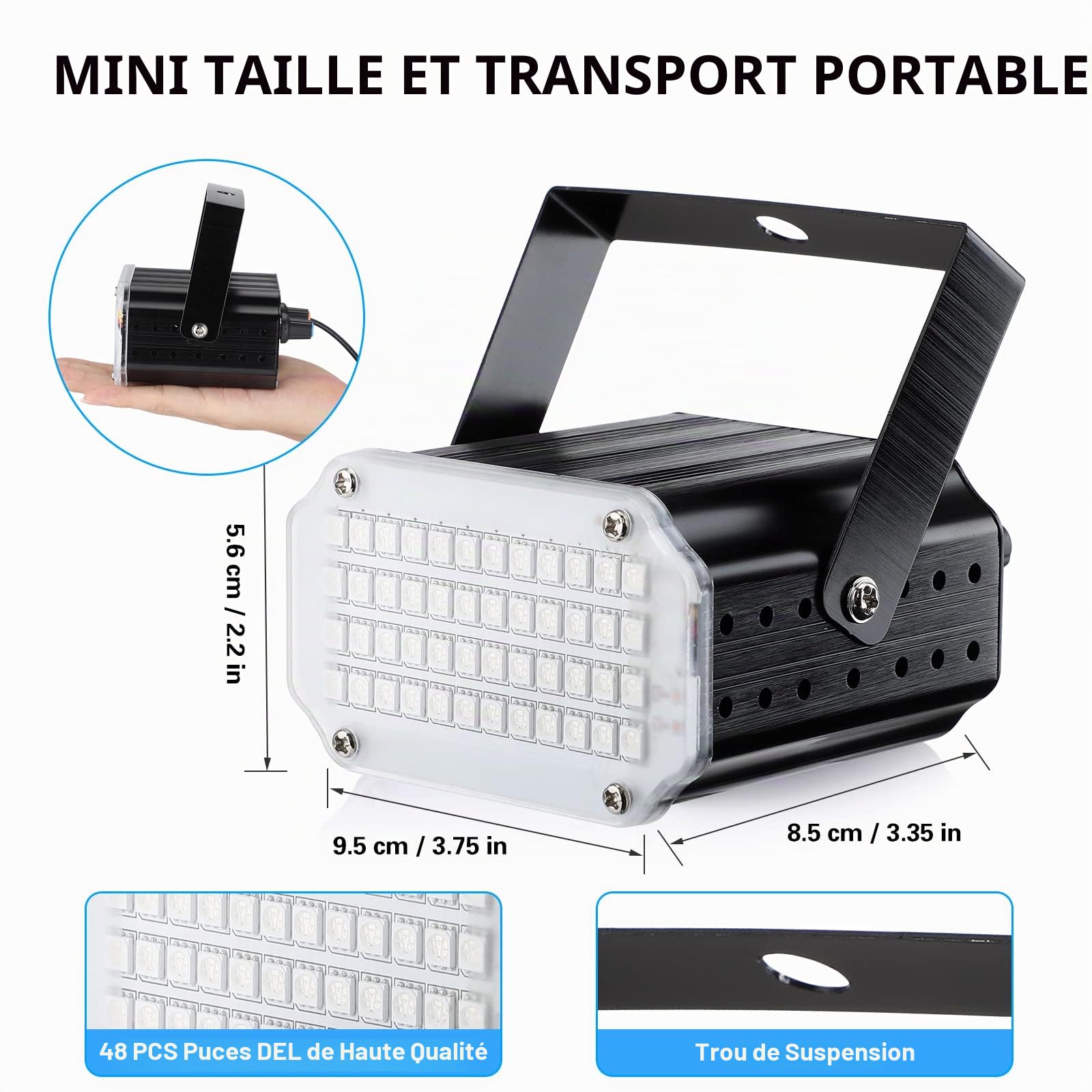 2 Pièces Mini stroboscope lumière disco activée par le son - Éclairage de scène avec 48 LED super lumineuses - Flash Speed Control Strobo Light pour DJ Bar Noël Halloween Show Club Karaoké Accessoires