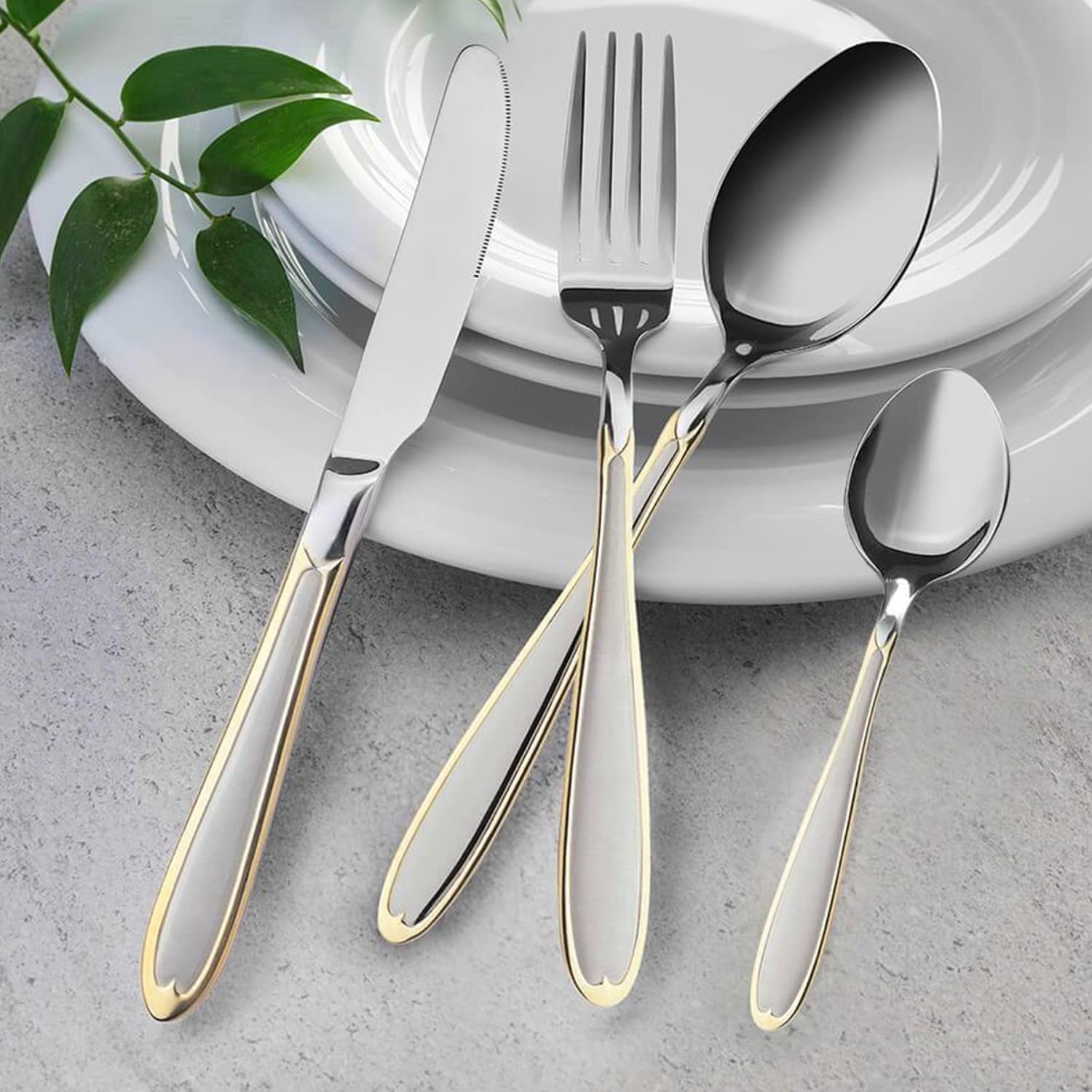 Juego de Cubiertos 24 Piezas para 6 Personas de Acero Inoxidable 18/10 Cuchillo Tenedor Cuchara Plata/Oro