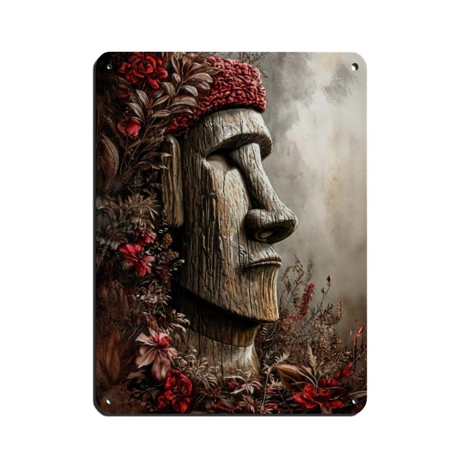 Moai Statue,Floral Easter Island Art Retro Poster Metal Tin Sign Chic Art Retro Iron Painting Bar People Cave Cafe Family Garage Poster Wall Decoration 12x16inch(30x40cm)
