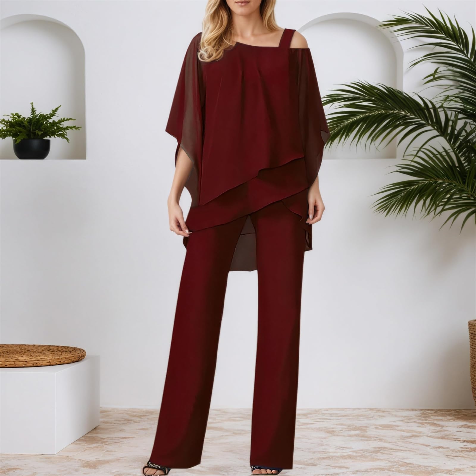 Generico Completo Elegante da Donna: Top in Chiffon a Strati e Pantaloni a Gamba Larga – Leggero, Casual-Chic e di Tendenza – Completo 2 Pezzi Fluido e Asimmetrico