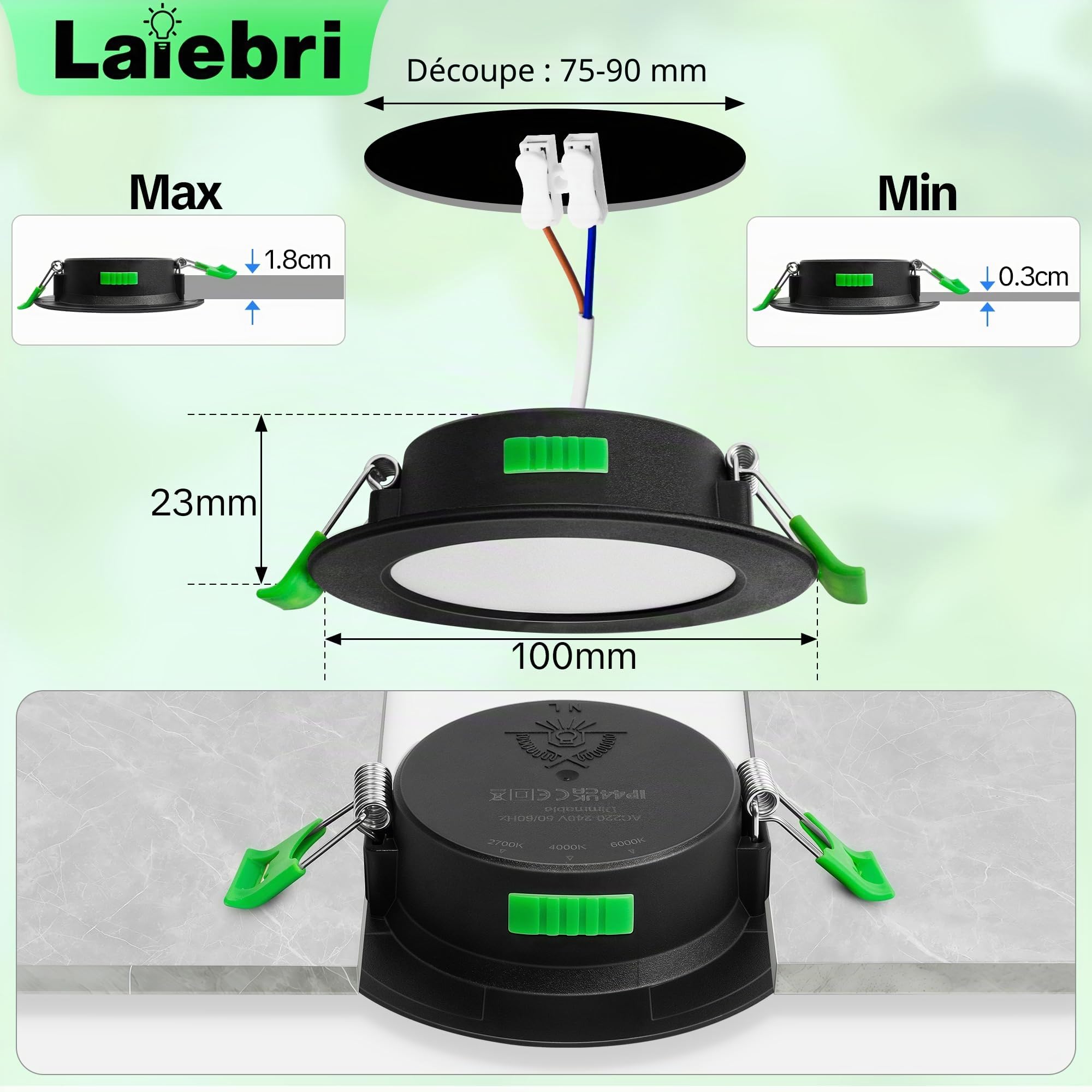 Spot LED Encastrable Dimmable Noir - IP44 Spots de plafond extra plats - 6W, 2700K/4000K/6000K, éclairage LED pour salle de bain, salon et cuisine, Ø 75-90mm, Lot de 6