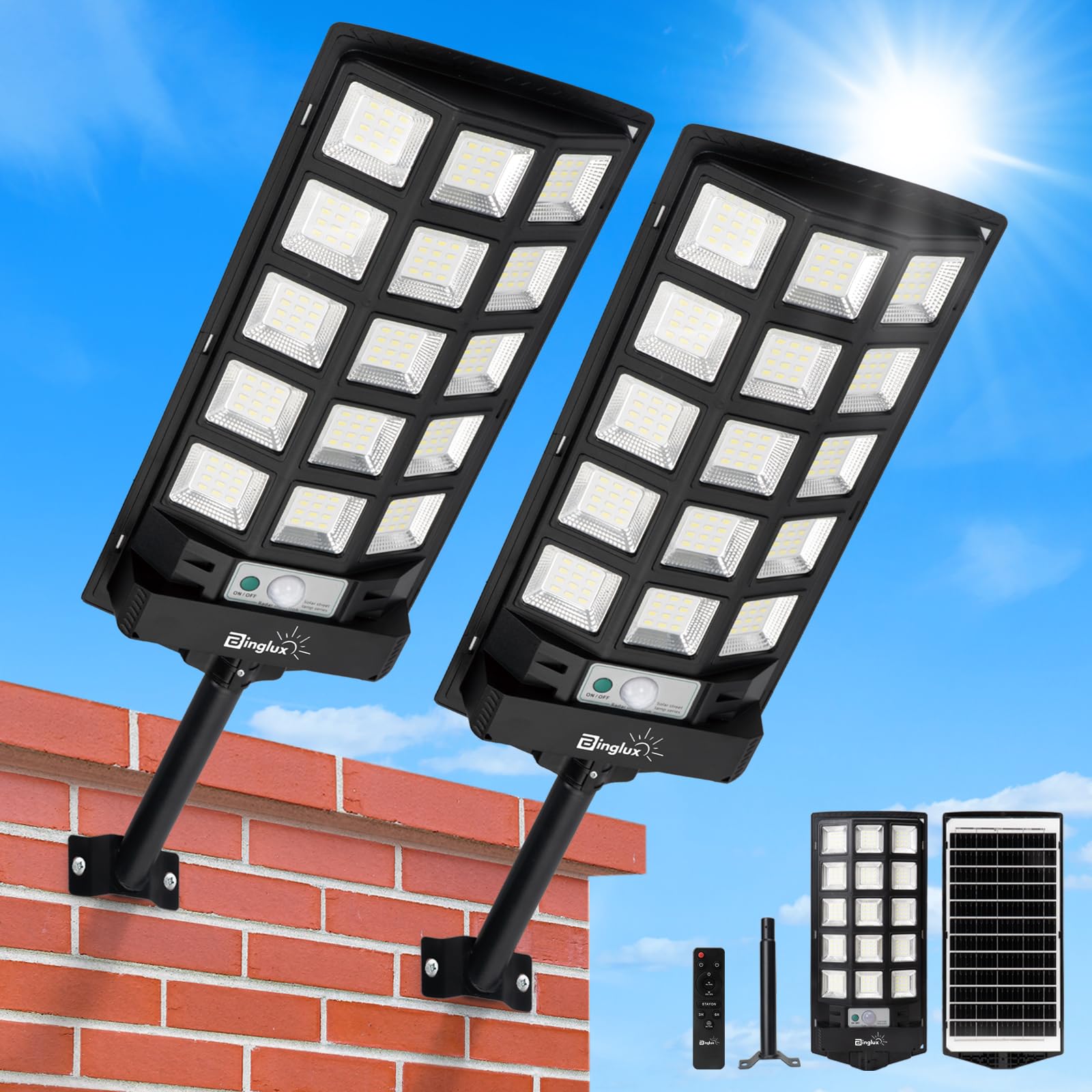 Solar Street Lights Outdoor Waterproof, 60000LM LED Solar Lights Outdoor Dusk to Dawn w 12000mAh Battery, 6500K Solar Flood Security Light Motion Sensor with 65FT Remote & Metal Light Bracket , 2 Pack