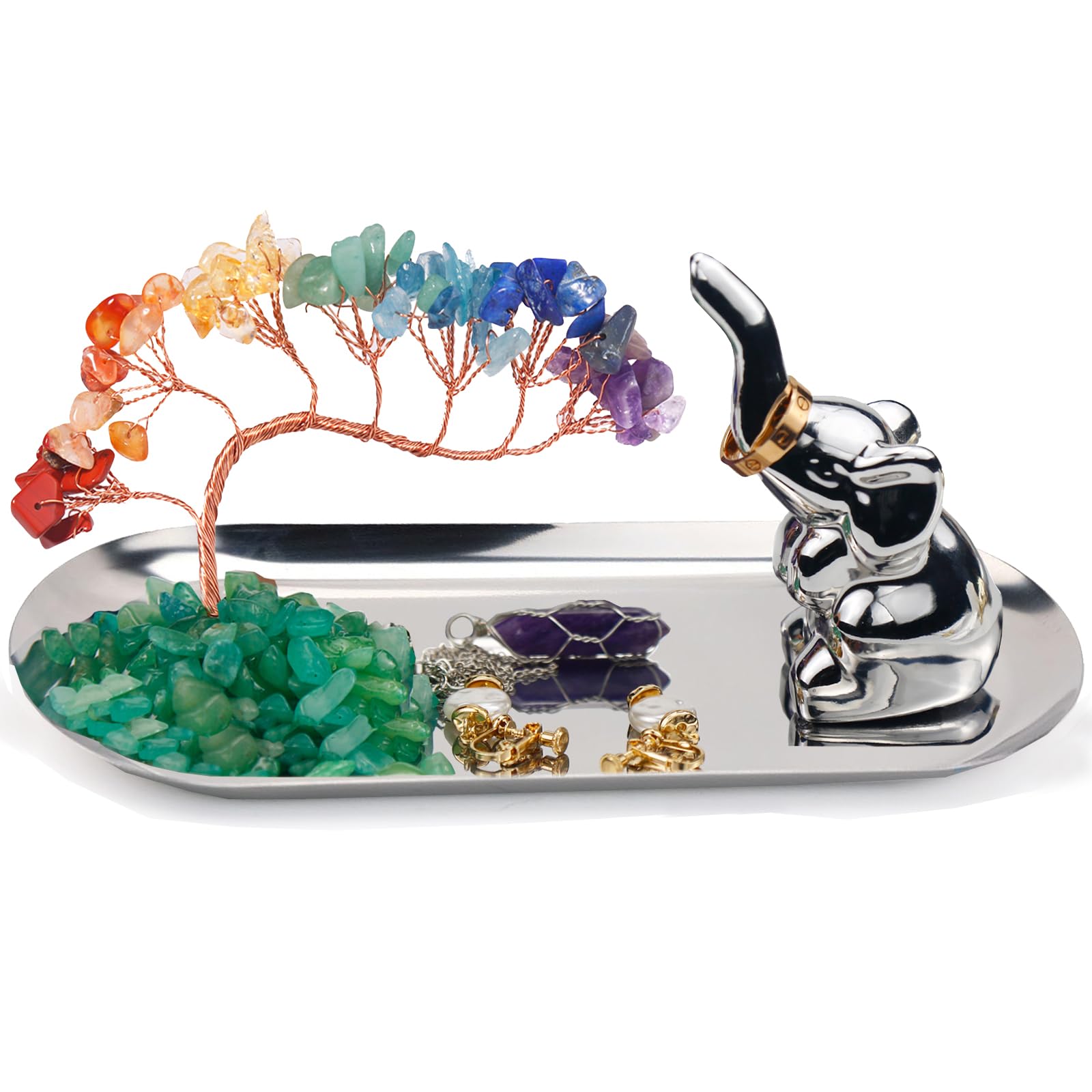 Carselage Elephant Ring Holder for Jewelry, Elephant Gifts for Women, Chakra Crystal Tree Ring Dish Earrings Box Organizer Trinket Tray, Living Room Bathroom Home Decoration, Mothers Day Mom Gifts