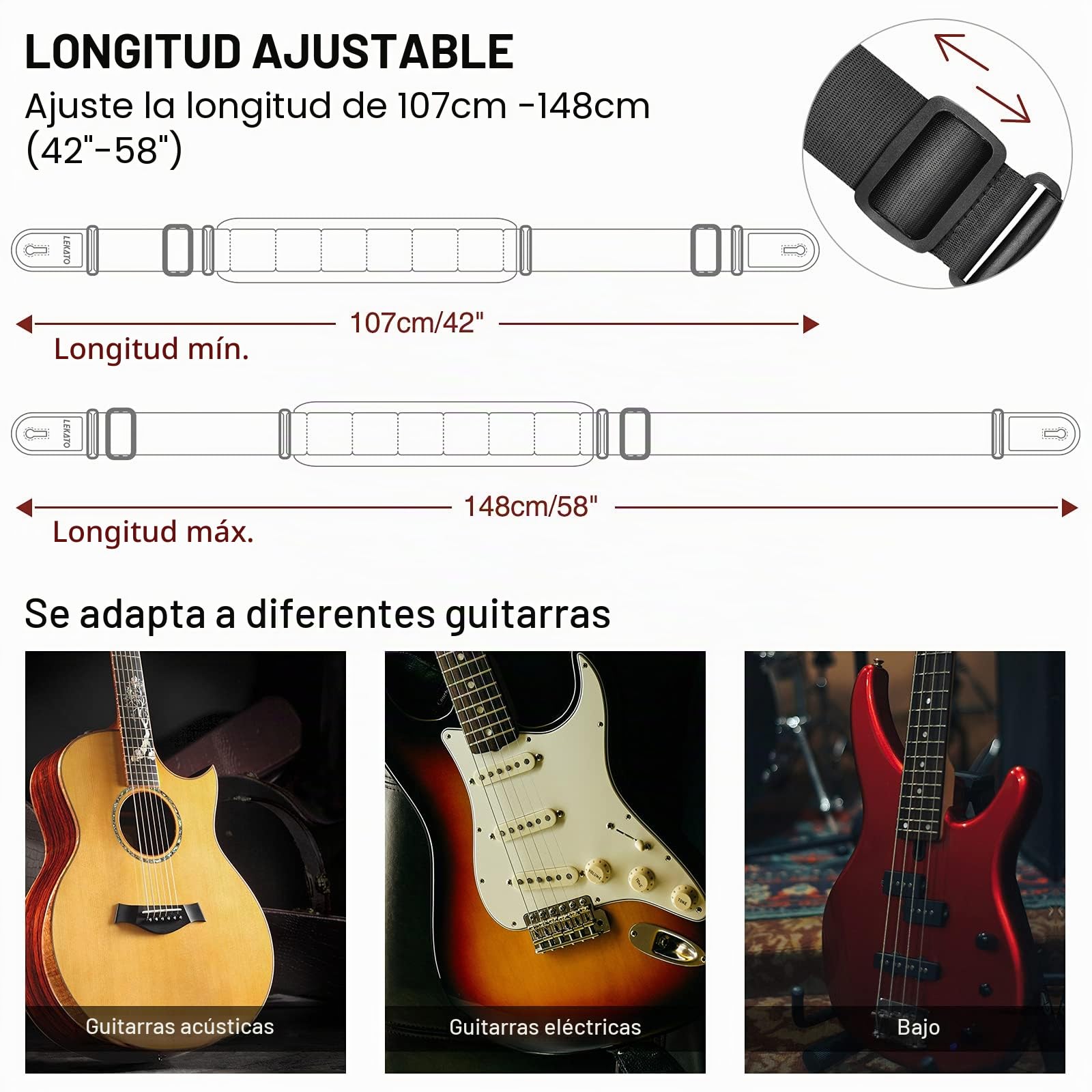 LEKATO Correa de guitarra acolchada de algodón con extremos de cuero genuino correas ajustables para guitarra baja eléctrica con 6 púas de guitarra 2 cerraduras de correa