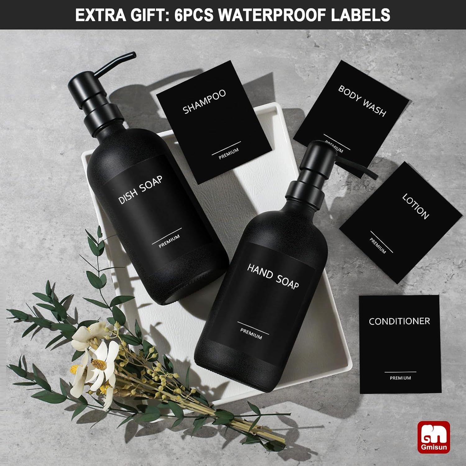 GMISUN Black Soap Dispenser, 2 Pack Matte Black Hand Soap Dispensers Bathroom with Stainless Steel Pump, 17 Fl Oz Glass Dish Soap Dispenser Set for Kitchen, Modern Liquid Soap Bottle with Labels - Image 7