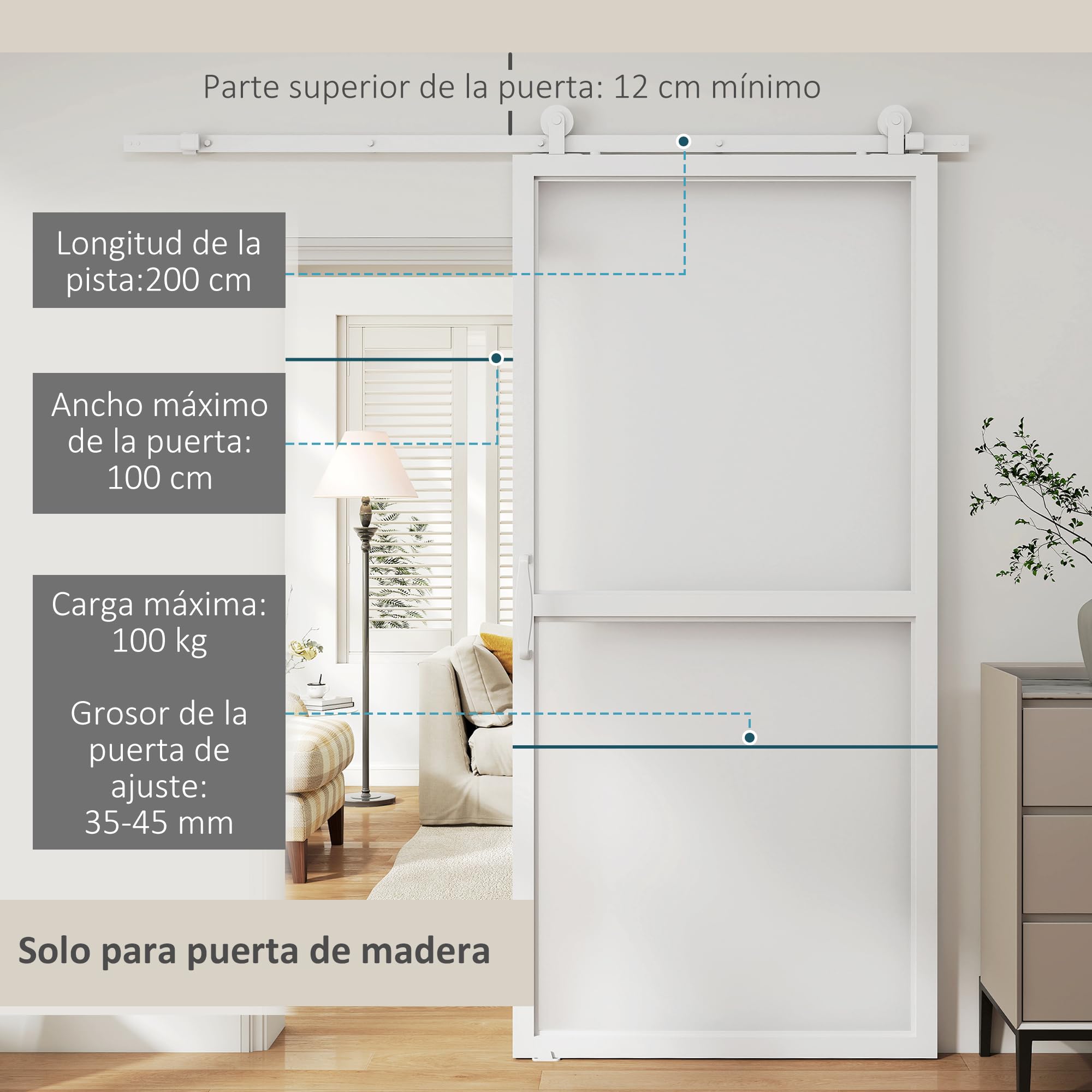 HOMCOM Hardware per porte scorrevoli 200 cm, kit di accessori per porta scorrevole con 2 guide in acciaio al carbonio e guida a pavimento, per garage, armadio/guardaroba, bianco