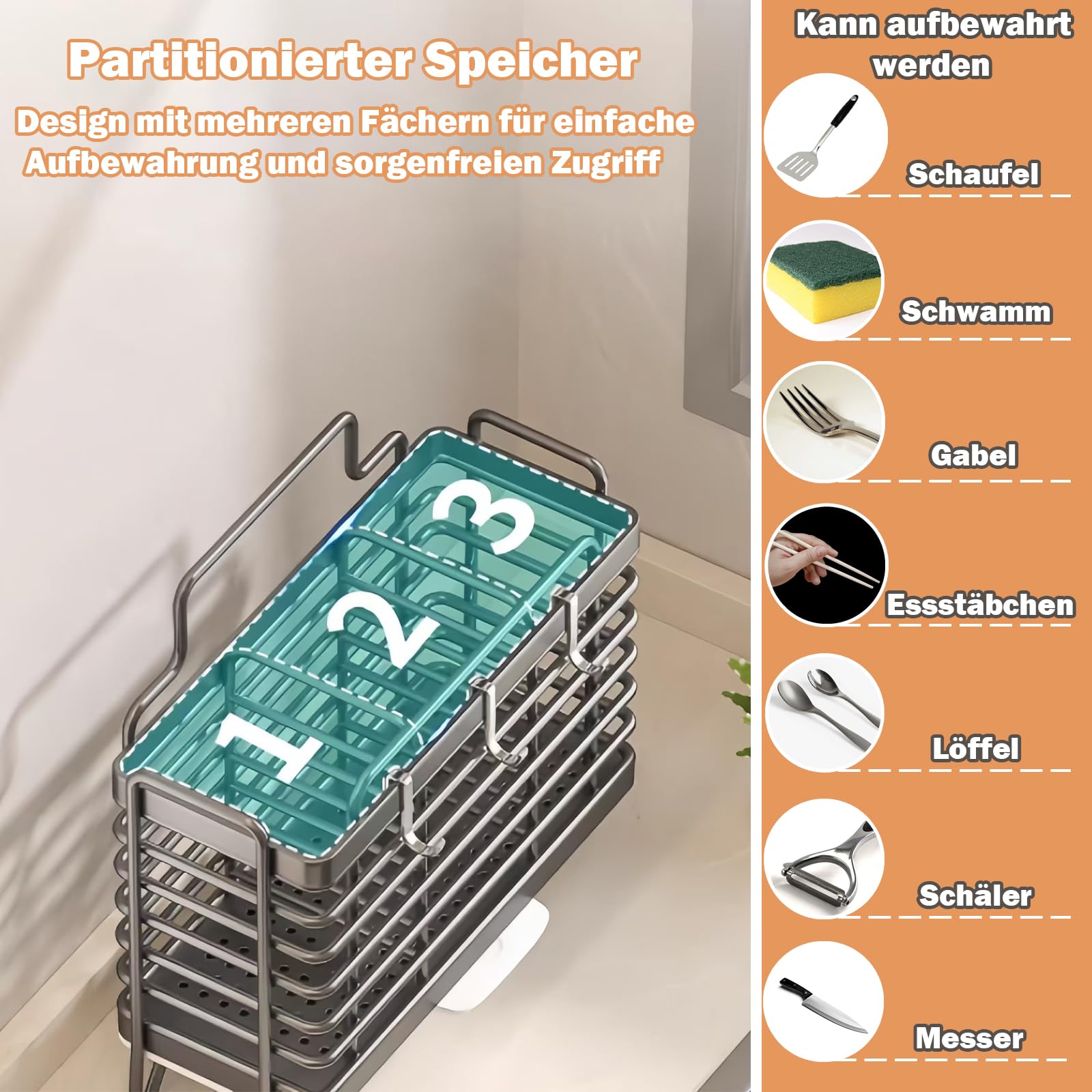 Porta posate, contenitore per utensili da cucina, porta posate a parete, adesivo senza tracce in acciaio al carbonio, contenitore per posate e utensili da cucina (nero)
