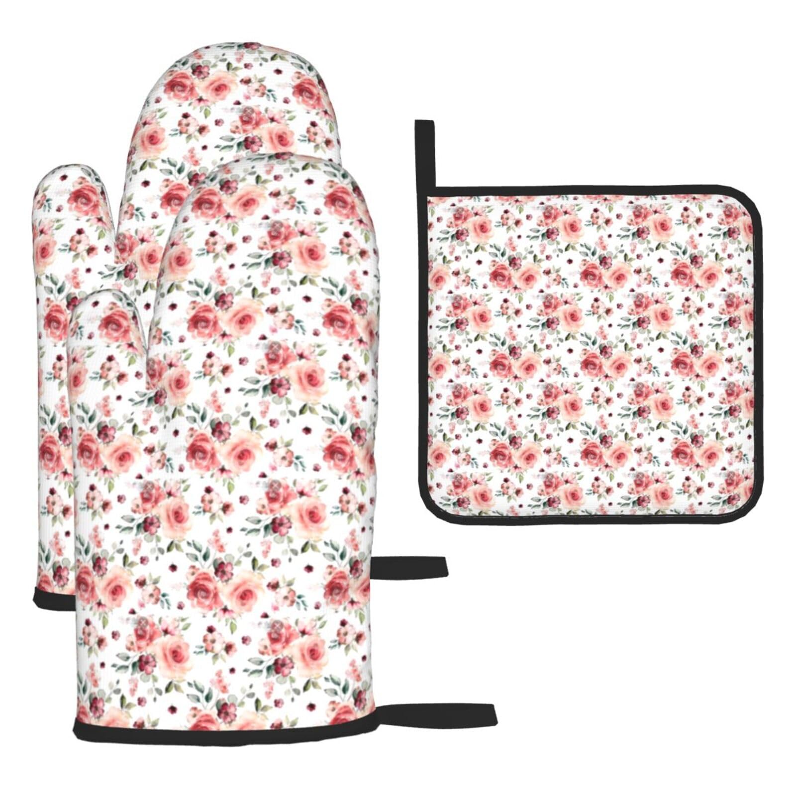 Yyoretp Black Blossoming Rose Flowers Print Oven Mitts And Potholders Bbq Gloves-Oven Mitts And Pot Holders For Cooking Baking
