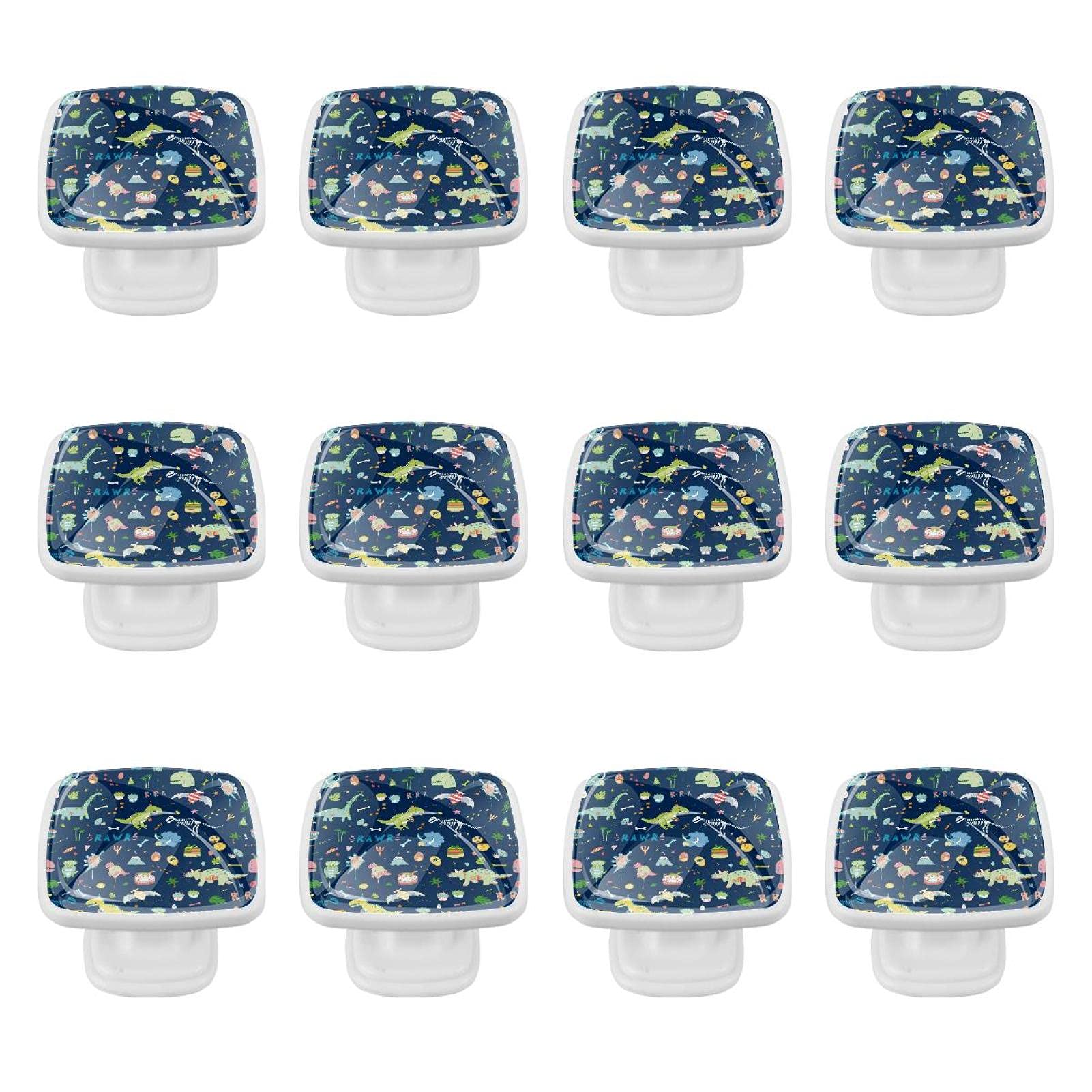 Boutons de tiroir carrés dinosaures colorés : lot de 12 poignées avec vis pour meuble enfant