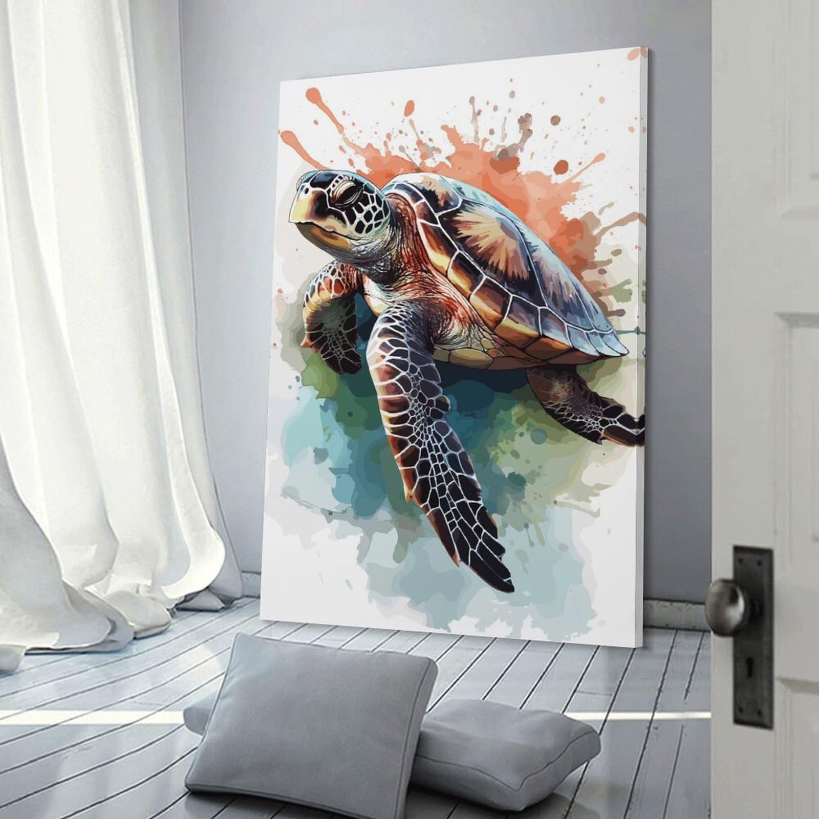 Junmoney Sea Turtle Watercolor Art Canvas Wall Art 20x30inch(50x75cm), for Wall Displays, Bedrooms Or Room Updates, Ideal for Building A Coordinated Art Wall
