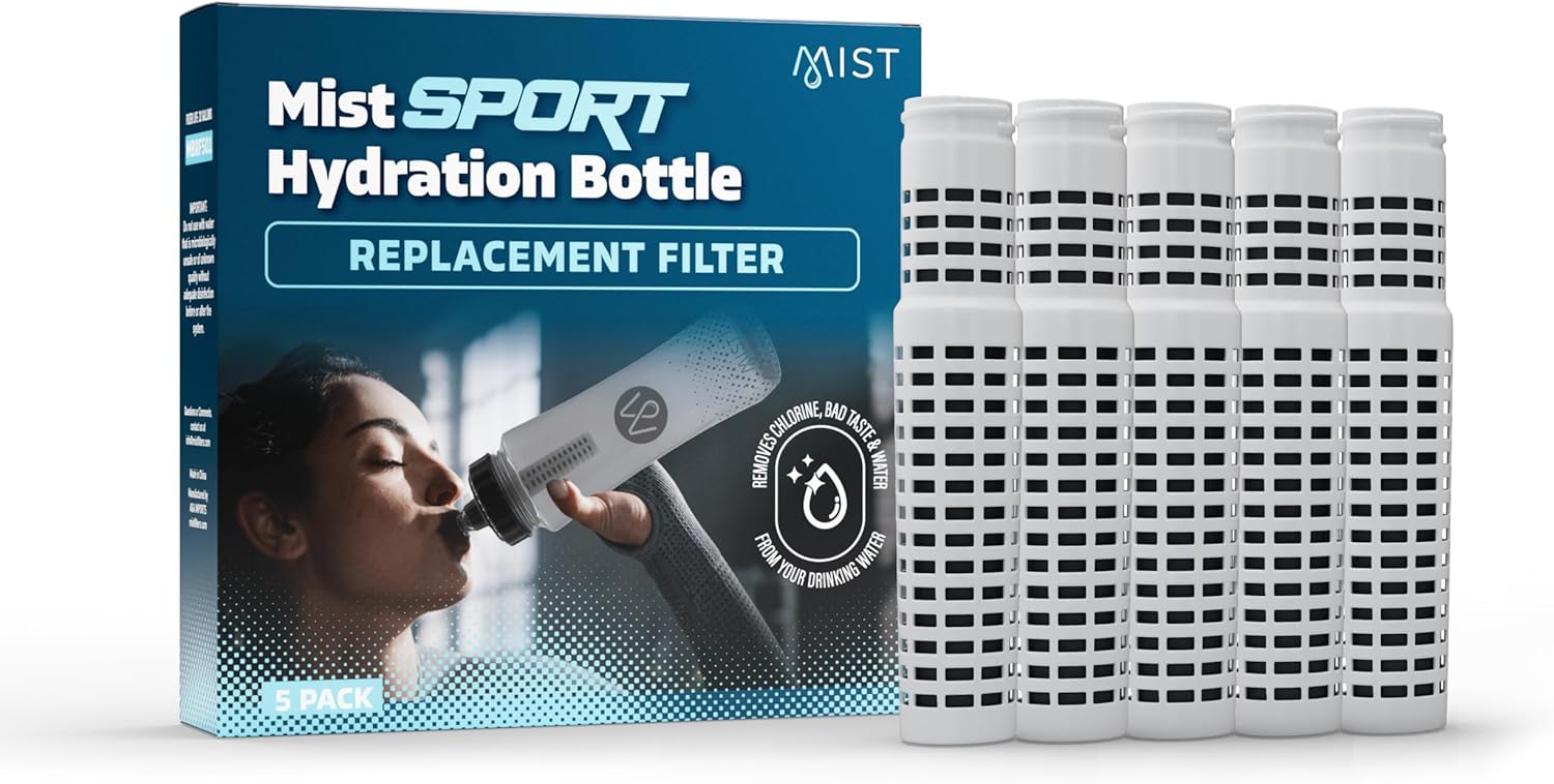 Mist Sports Squeeze Water Bottle Replacement Filter, Replacement Filter Lasts 32 Gallons (2 Months) for Contaminant Free and Pure Water - No Lugging Disposable Bottles, 5-pack
