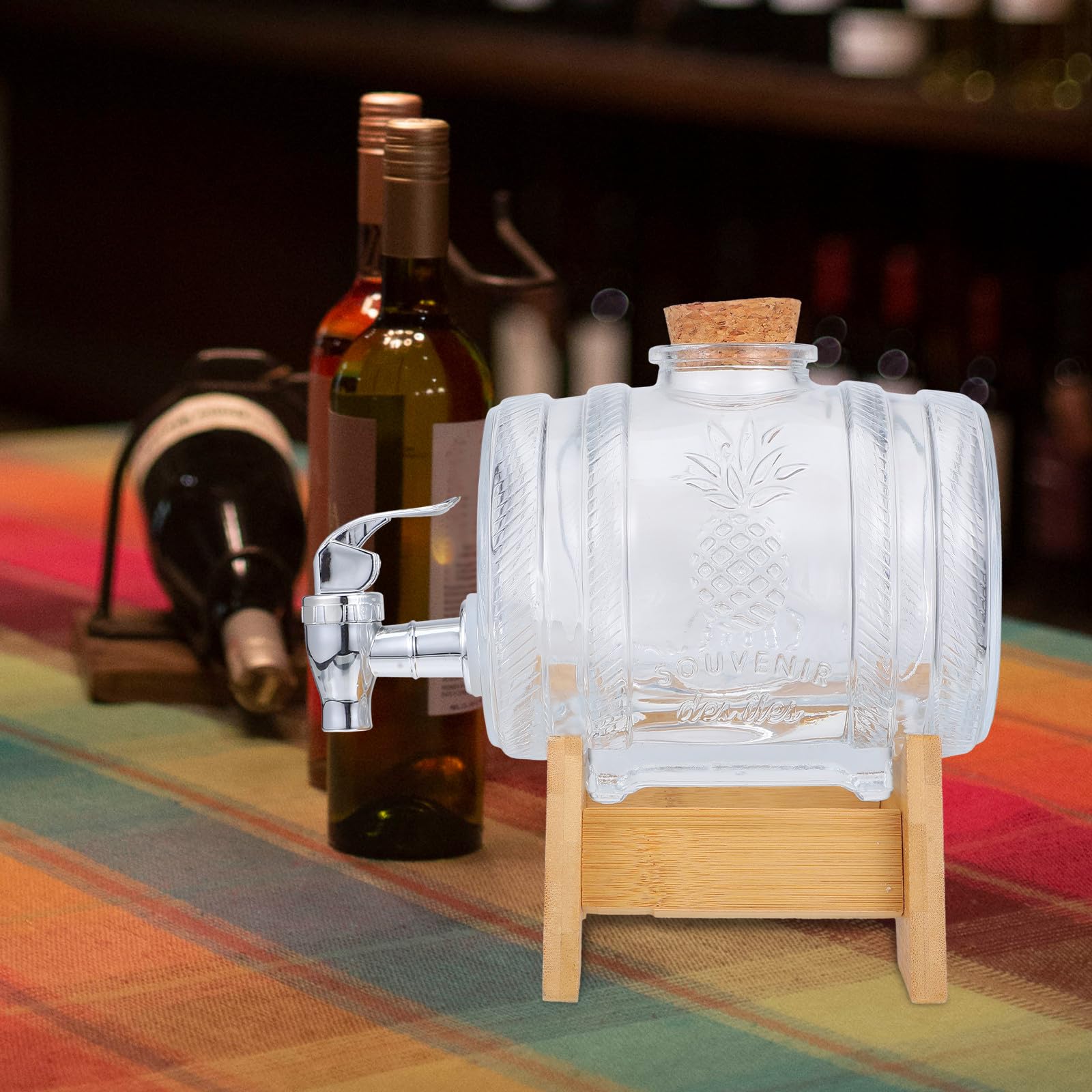 HOMSFOU Glas Weinfass Getränkespender mit Wasserhahn 2 jin Fass Transparent Dicht Schließender Deckel Bambusgestell für Saft Weinfruchtwein