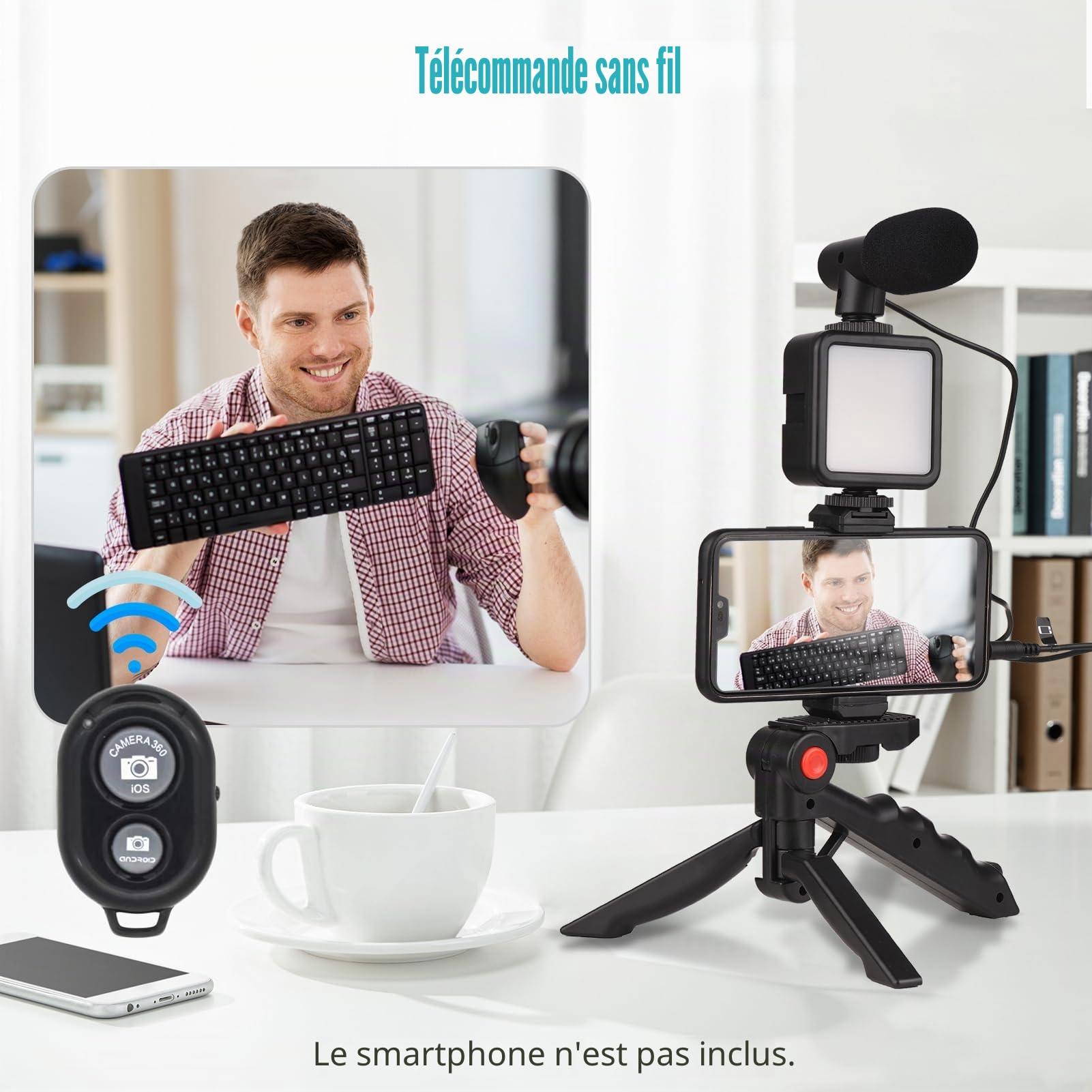 Andoer Kit Vlog pour smartphone, Mini lumière vidéo LED + microphone cardioïde + clip pour téléphone extensible + trépied avec luminosité réglable pour Live Streaming Vlog Tournage vidéo conférence