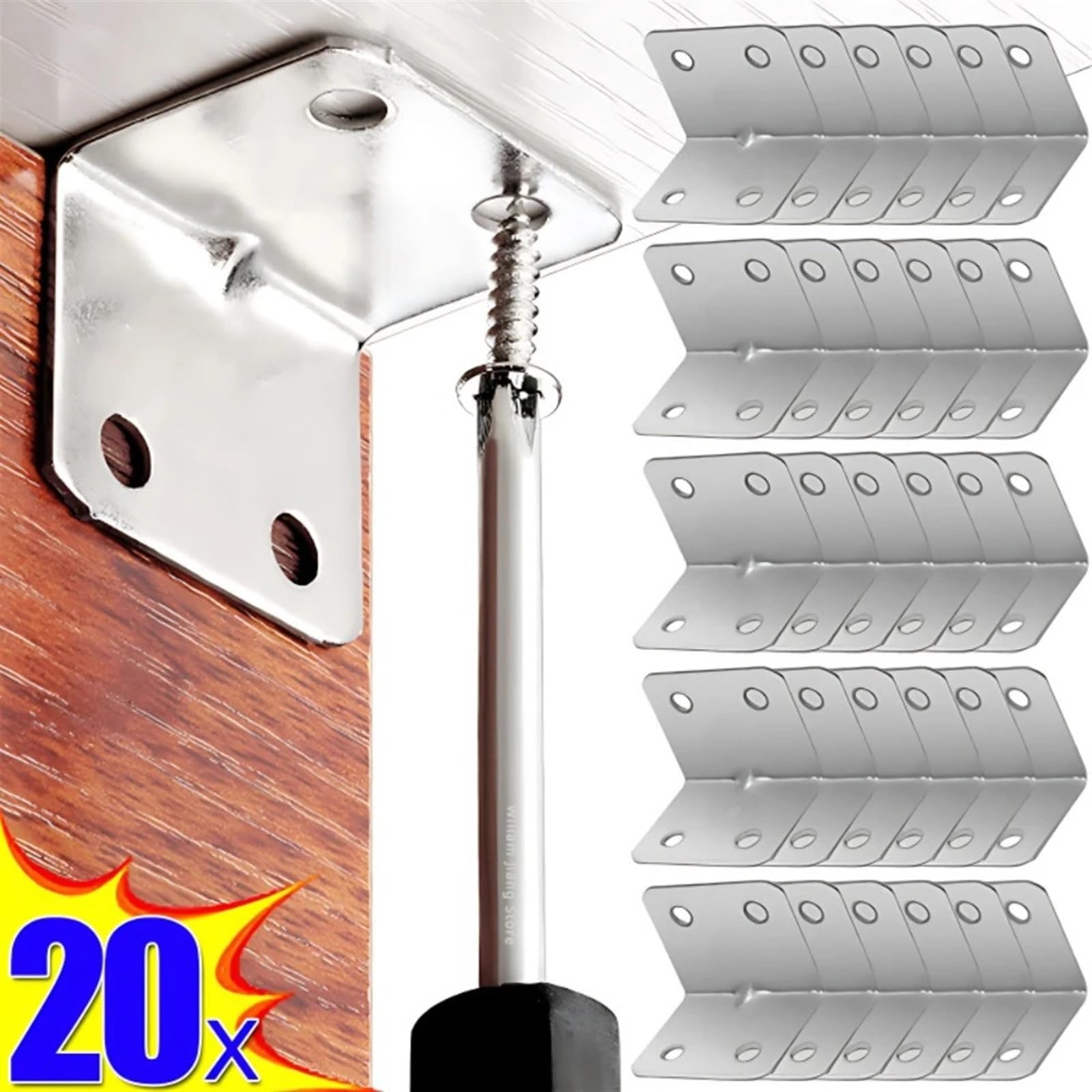 Escuadra de acero inoxidable， Soporte en L Herrajes for el hogar Herrajes fijos for muebles Herrajes Soportes de metal Protectores de esquinas en ángulo Fijaciones Soporte de esquina(Chrome20pcs)