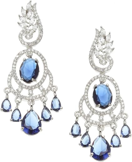 ZENEME Rhodium-Plated American Diamond Studded Oval &amp; Leaf Shaped Drop Earrings For Girls and Women