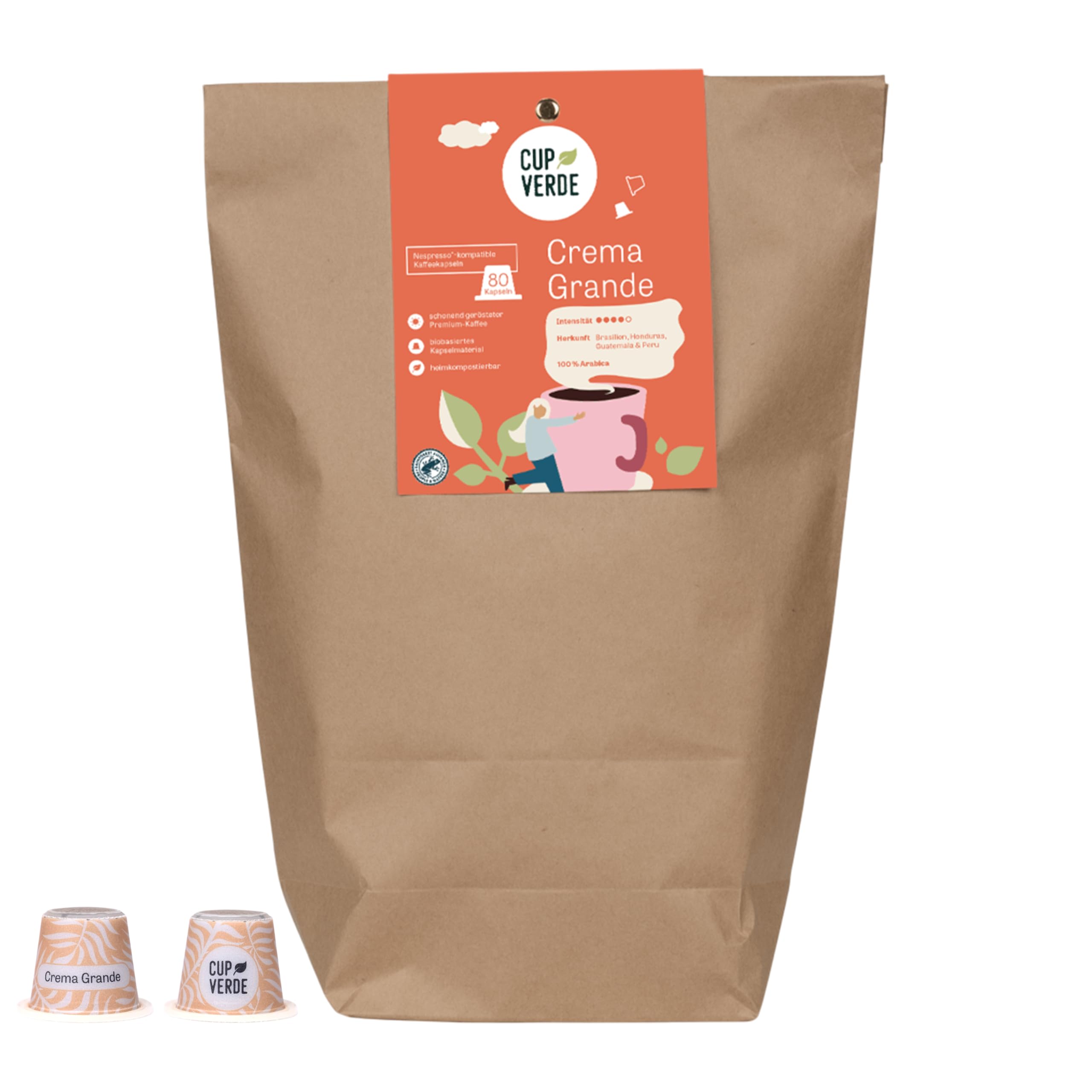 CUP VERDE – 80 Crema Grande Kaffeekapseln kompatibel mit Nespresso® – kräftig & aromatisch – 100% Arabica – Nachhaltig & Heimkompostierbar – Premium Kaffee – schonende Trommelröstung