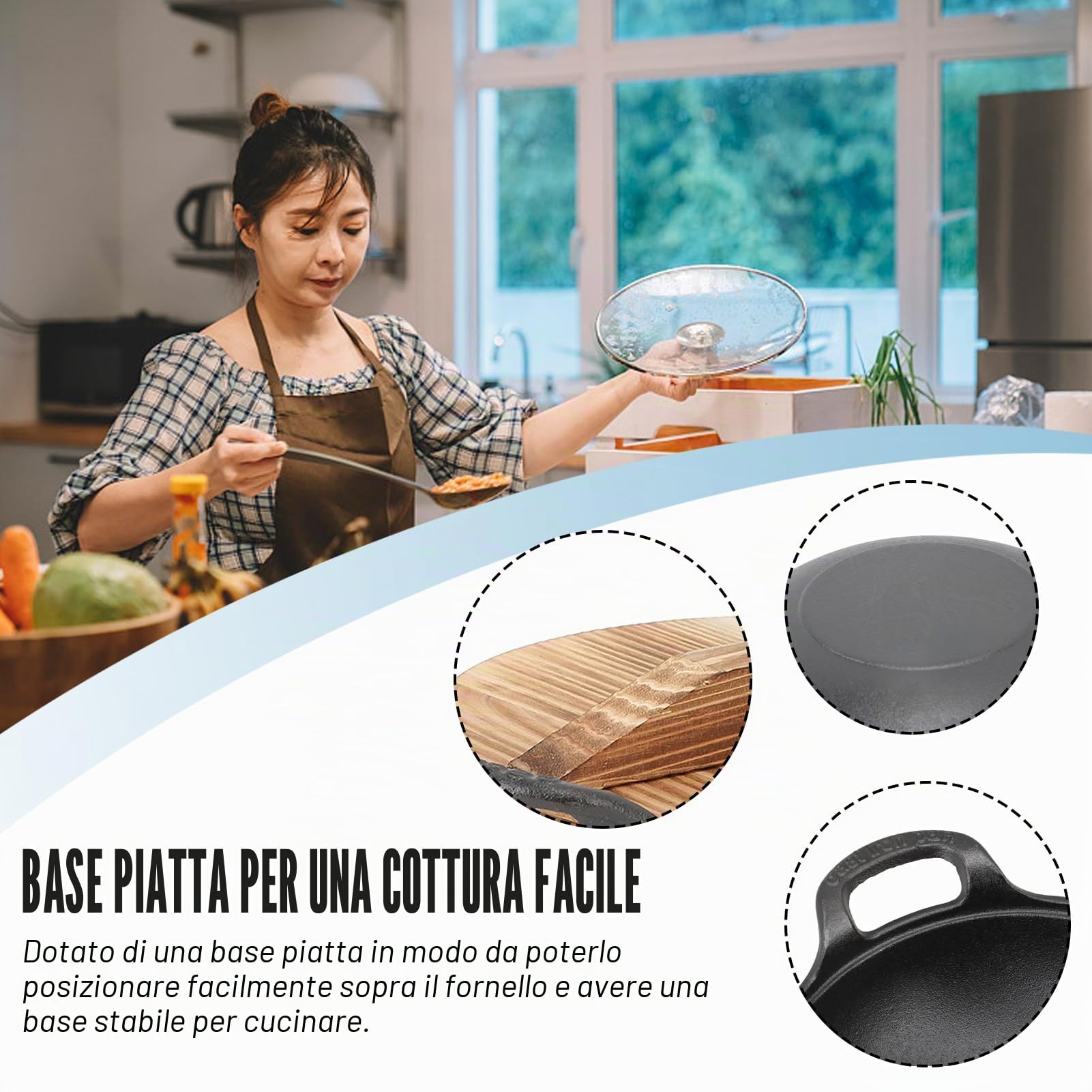 Padella wok con coperchio, in ghisa, con 2 manici, coperchio in legno con base piatta non rivestita per mescolare friggere grill a vapore autentico cibo asiatico cinese (25 cm)