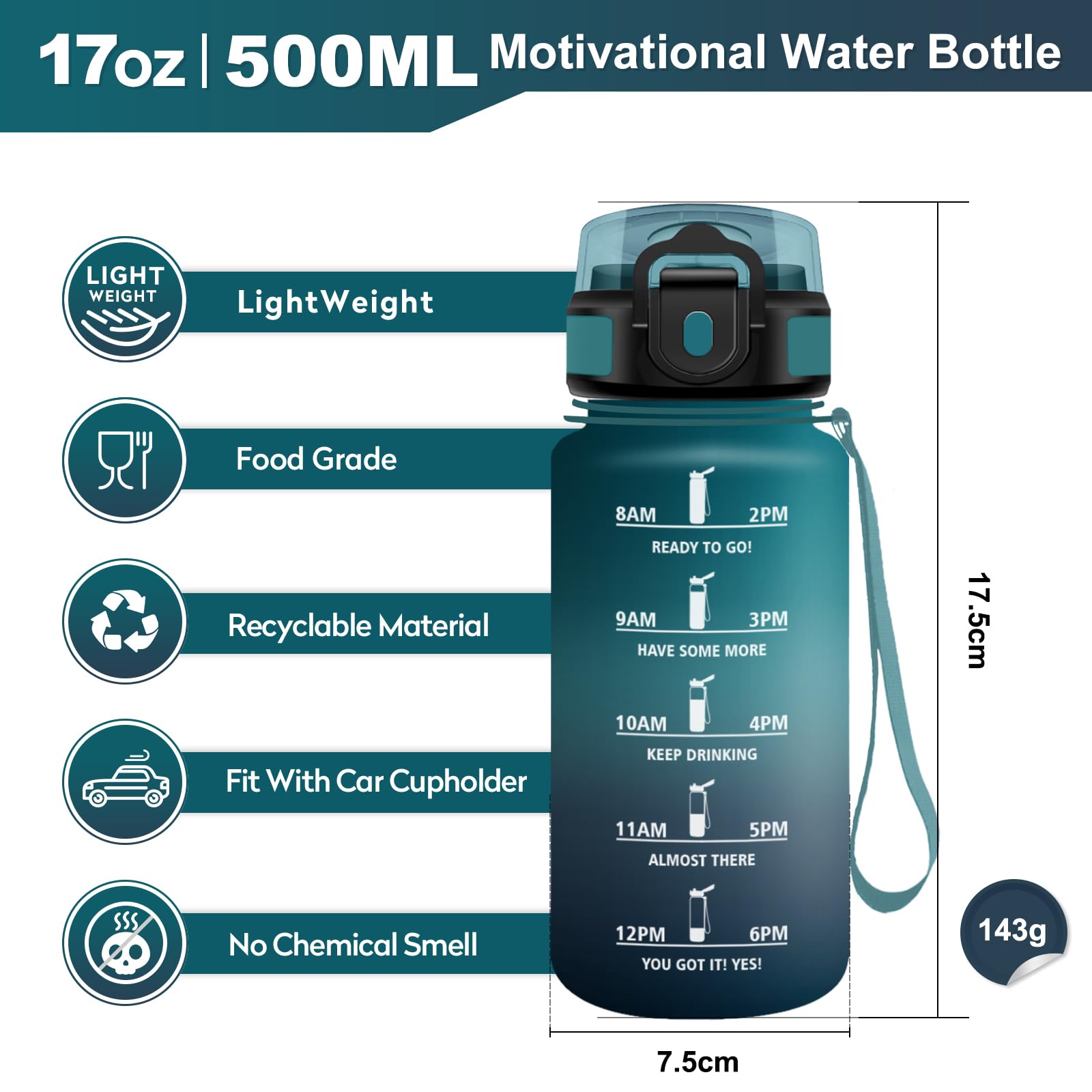 Borraccia 500ml, Bottiglia con Indicatore del Tempo Motivazionale, Bottiglia con Cannuccia, Riutilizzabile, Borraccia senza BPA, A Prova di Perdite, per Bambini, Scuola, Ufficio, Gym, Picnic