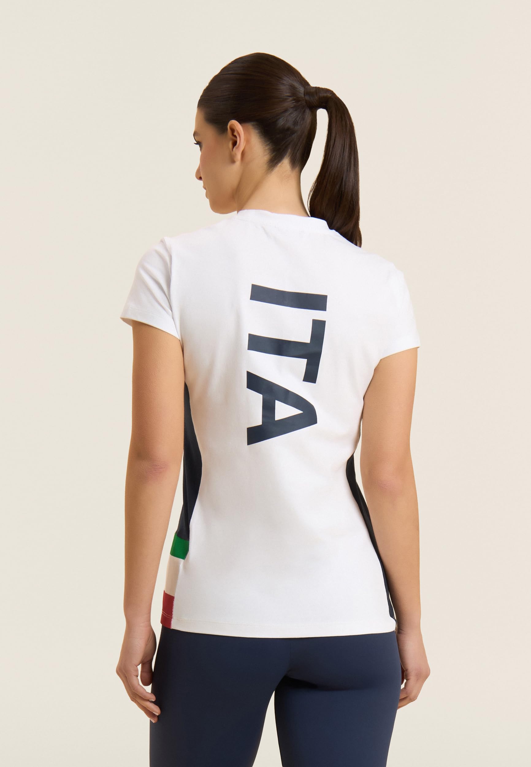 FREDDY - Maglietta Donna Nazionale Italiana di Ginnastica FGI in Jersey di Cotone Elasticizzato - T-Shirt con Girocollo Bianco con Maxi Stampa ITA sulla Schiena