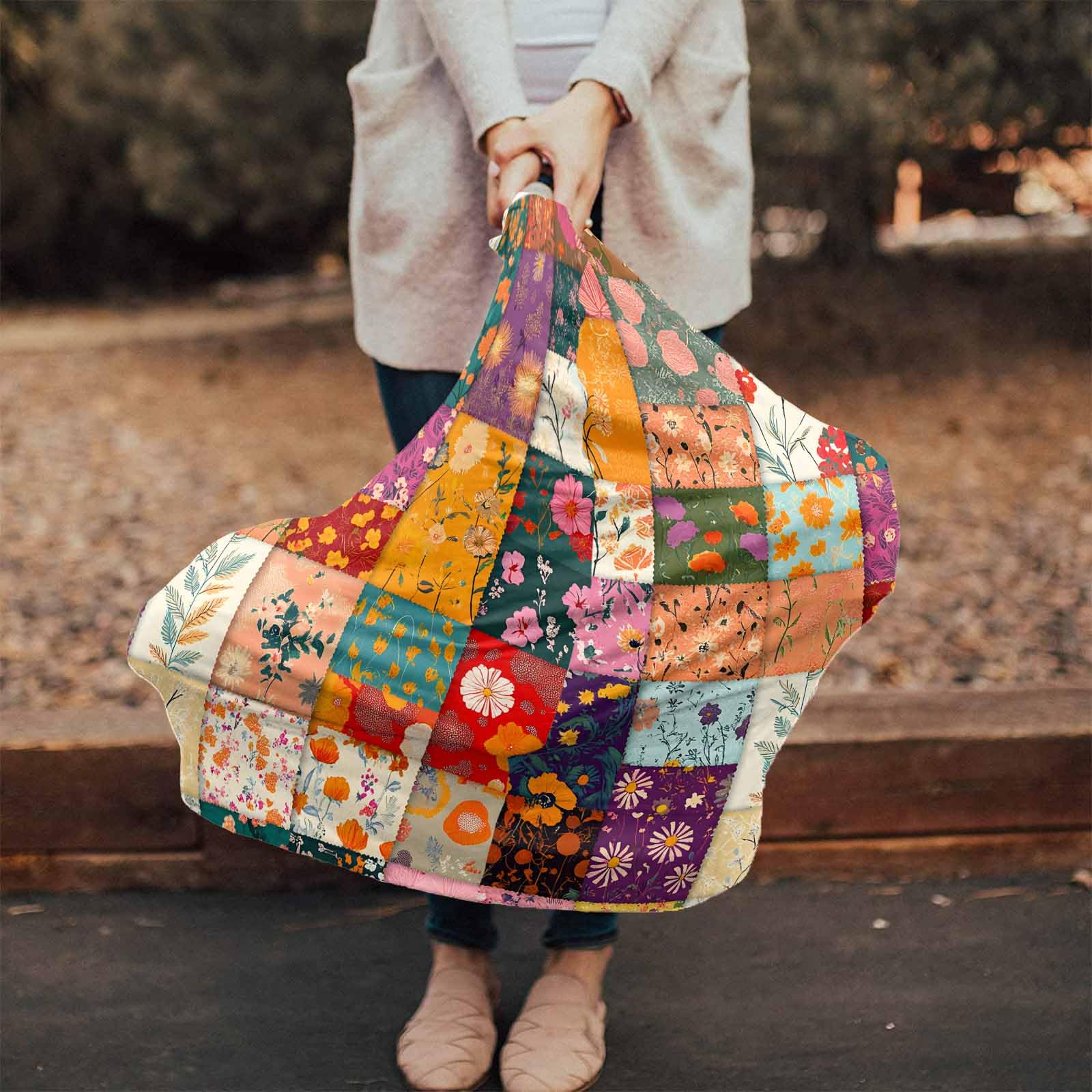 Boho Flower Floral Car Seat Covers for Babies, Plant Wildflowers Retro Color Block Nursing Breastfeeding Covers Stretchy Breathable Baby Carseat Canopy Cover for Girls and Boys Shower Gifts