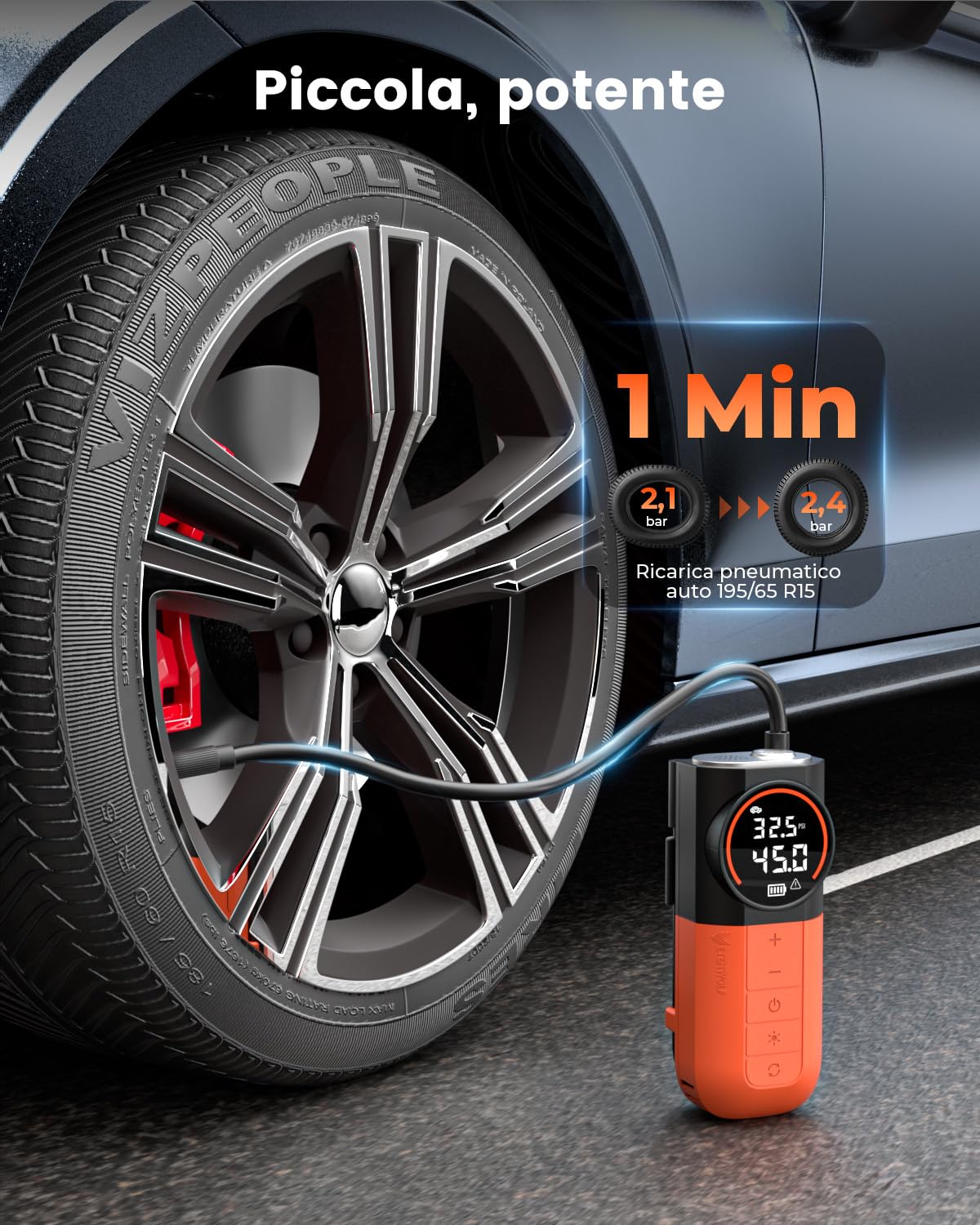 ETENWOLF S1 Gonfleur Pneus Voiture 11 Bar, Compresseur à Air Portatif avec Lampe LED et Écran Numérique pour Vélo, Moto et Ballons