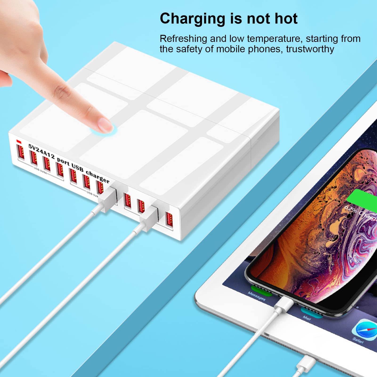 12-Port-USB-Ladestation, intelligente Shunt-LED-Anzeigeleuchte, automatische Erkennung, USB-Lade-Hub, Ladestation für mehrere Geräte, 100 bis 240 V