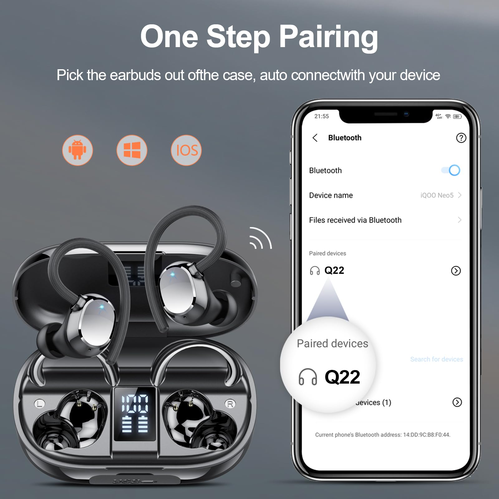 Cuffie Bluetooth, 2025 Auricolari Bluetooth 5.3 con 4 Mic, Cuffie Wireless In Ear HiFi Stereo, 128 Ore LED Display, Touch Control, Cuffie Senza Fili IP7 Impermeabili, per Sport Running, USB-C - Vista 3