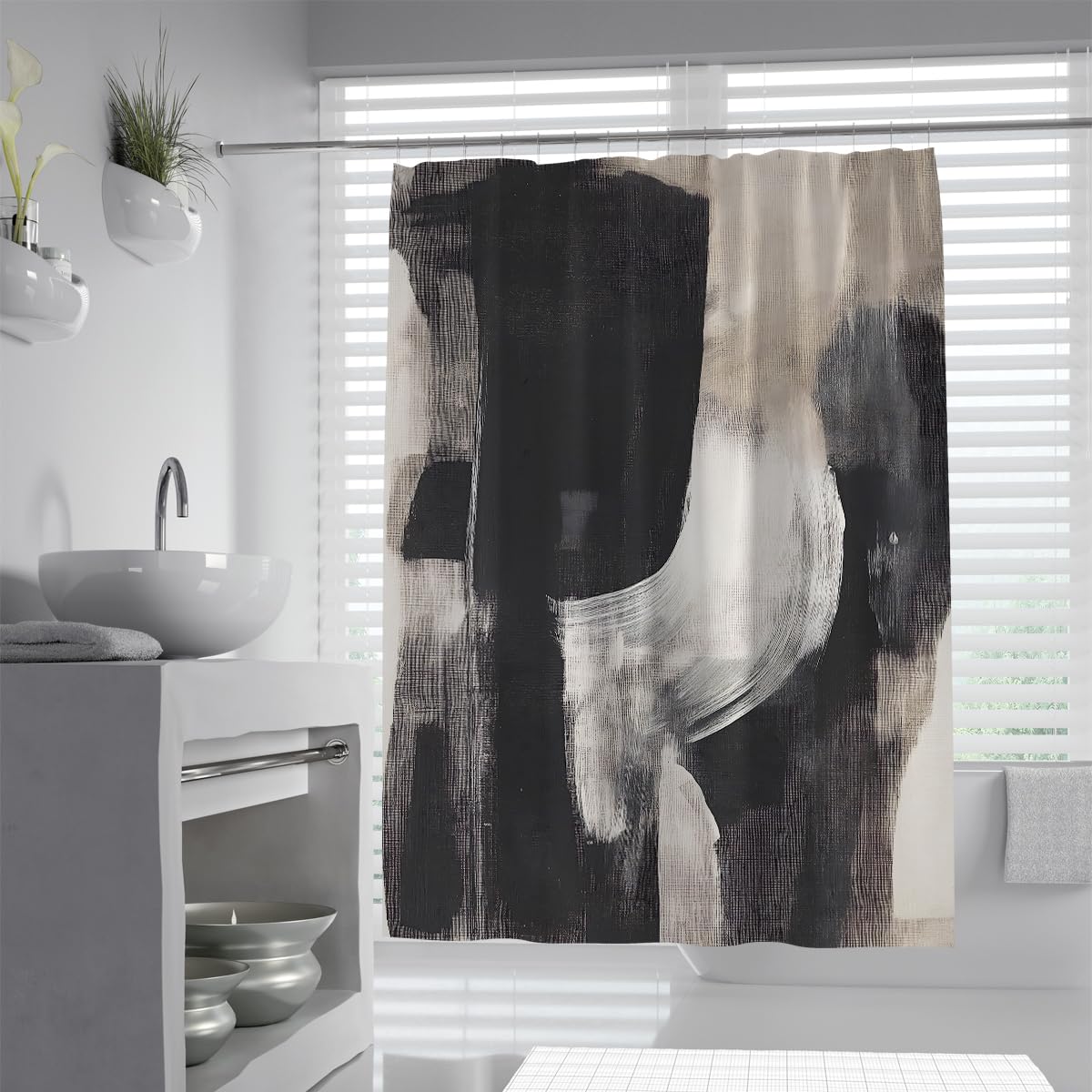 OLLIAR Home Abstract Modern Shower Curtain Set Minimalist Neutral Contemporary Art Painting Brushstroke Waterproof Shower Curtain with Hooks 240x180cm
