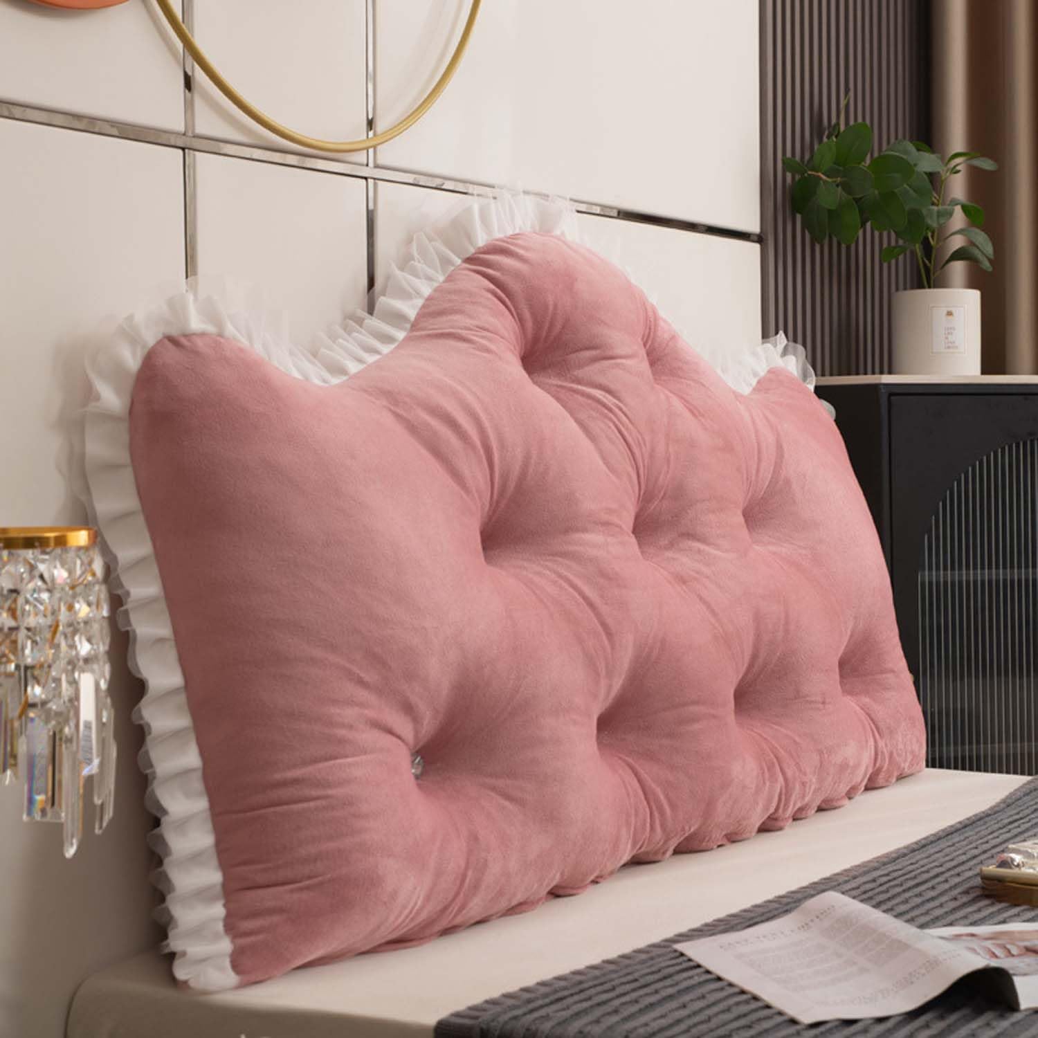 GOFOHIMI Princess Style Large Headboard Wedge Bed Rest Reading Pillow Backrest Positioning Support Bolster Cushion with Removable Cover (Dark Pink,L150cm/59in)